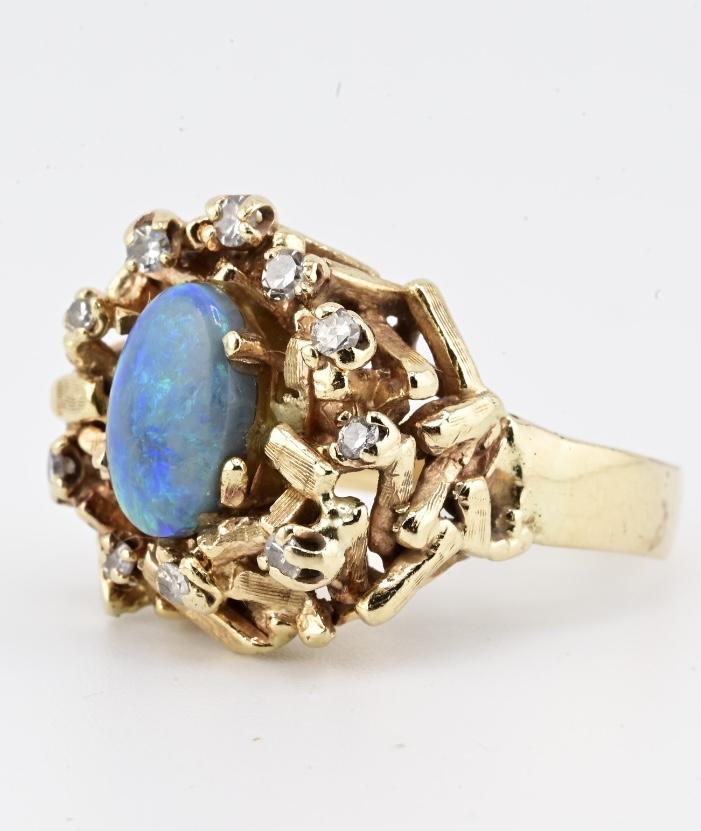14K Yellow Gold Brutalist Opal & Diamond Ring 9.96g Size 6.5 10×7mm Opal