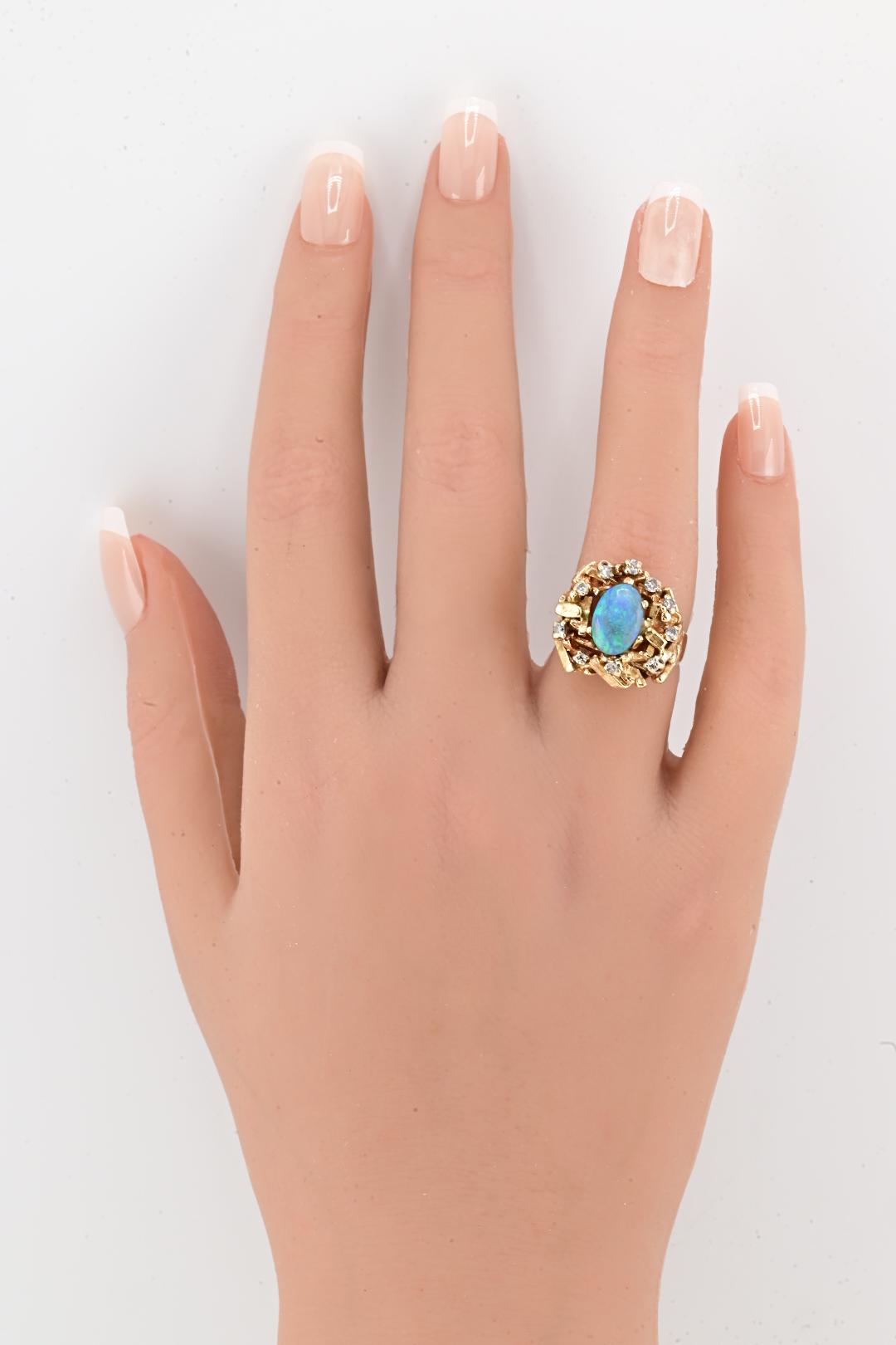 14K Yellow Gold Brutalist Opal & Diamond Ring 9.96g Size 6.5 10×7mm Opal