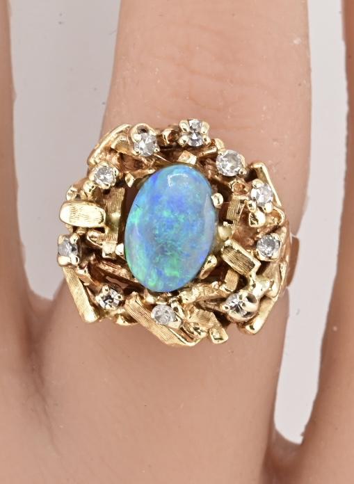 14K Yellow Gold Brutalist Opal & Diamond Ring 9.96g Size 6.5 10×7mm Opal