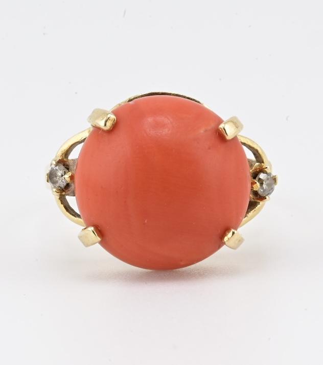 14K Yellow Gold Natural Coral & Diamond Ring 5.89g Size 6.5 Coral 14mm