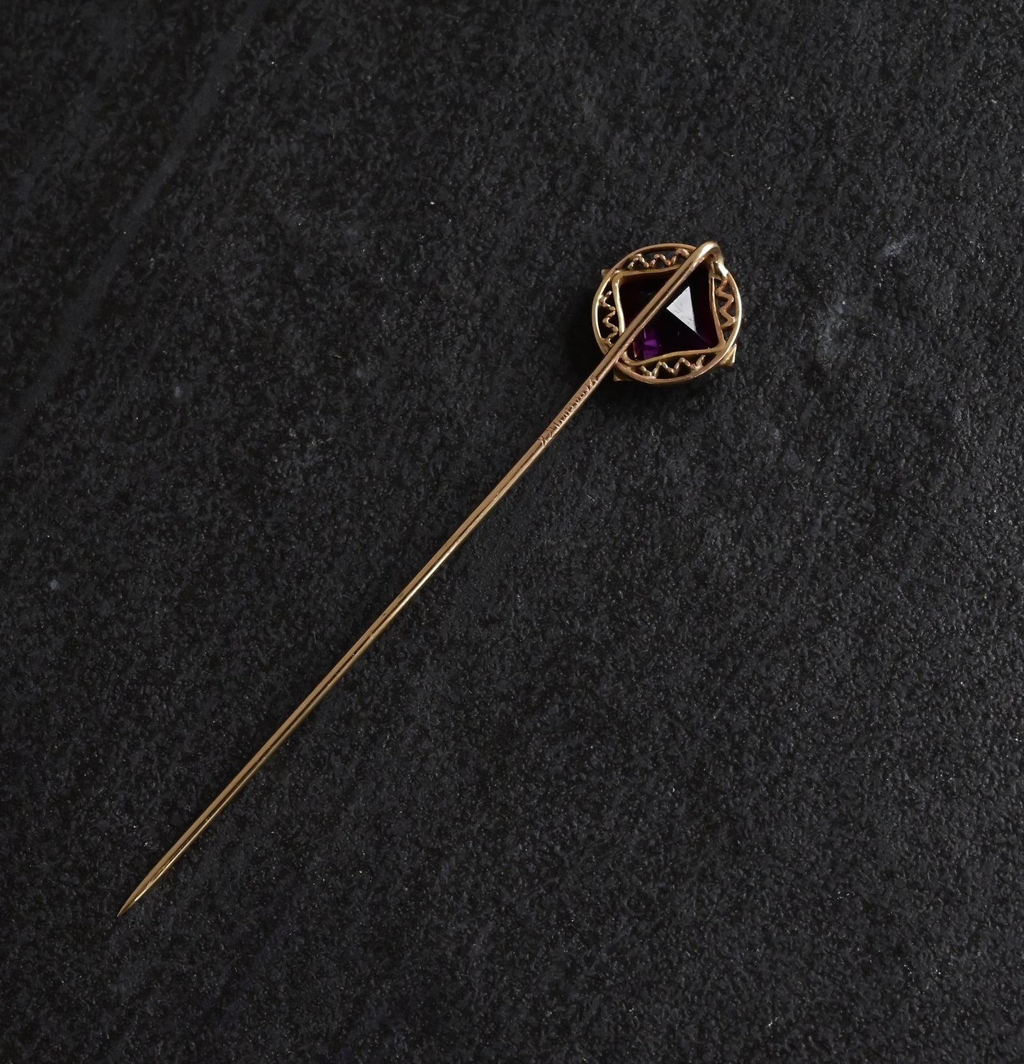 Antique 10K Gold Amethyst Stick Pin 2.5" Filigree Design 1.07g Victorian Lapel