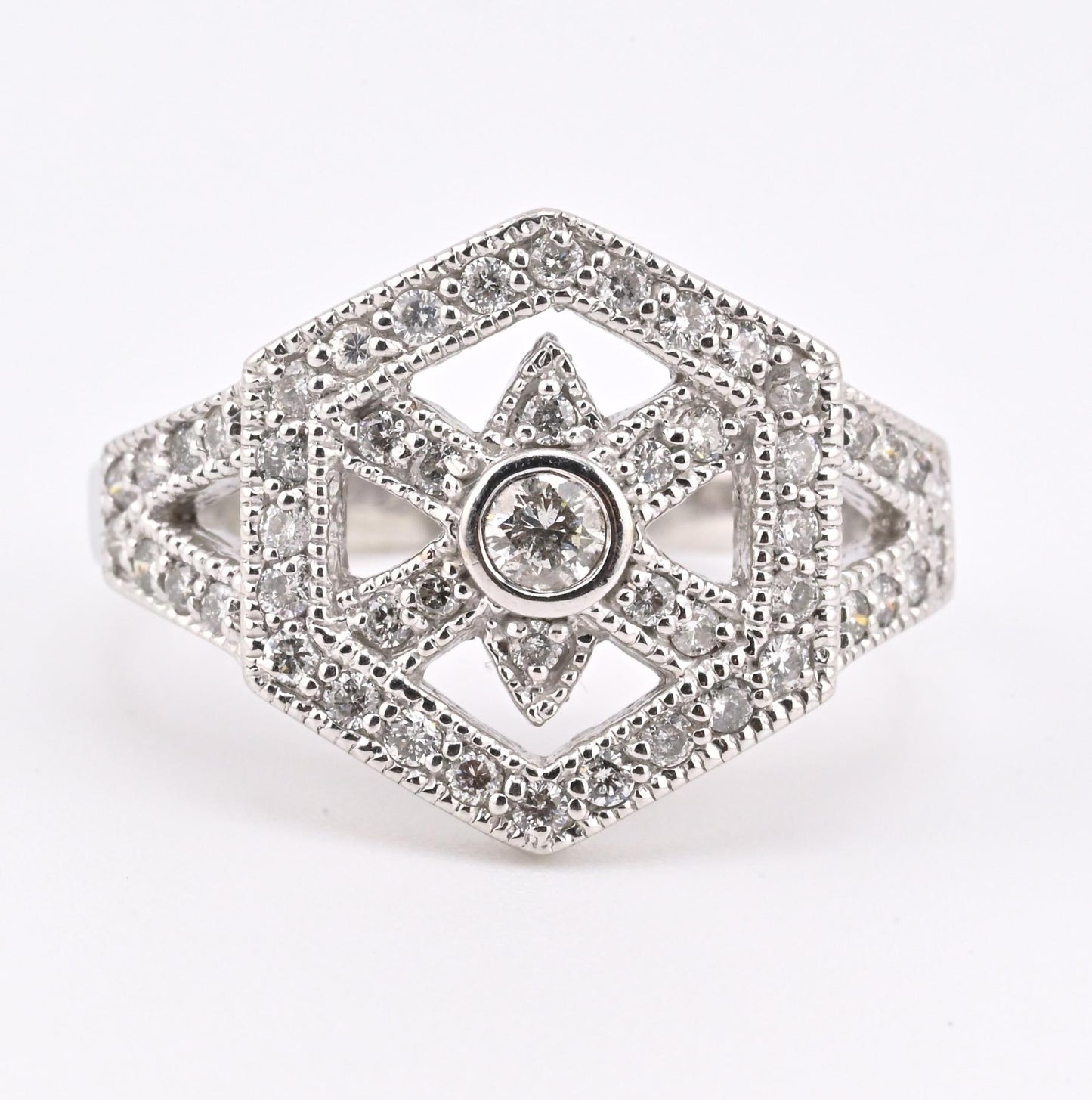 IGI Certified 14K White Gold Geometric Diamond Ring – 0.75 TCW, Size 8