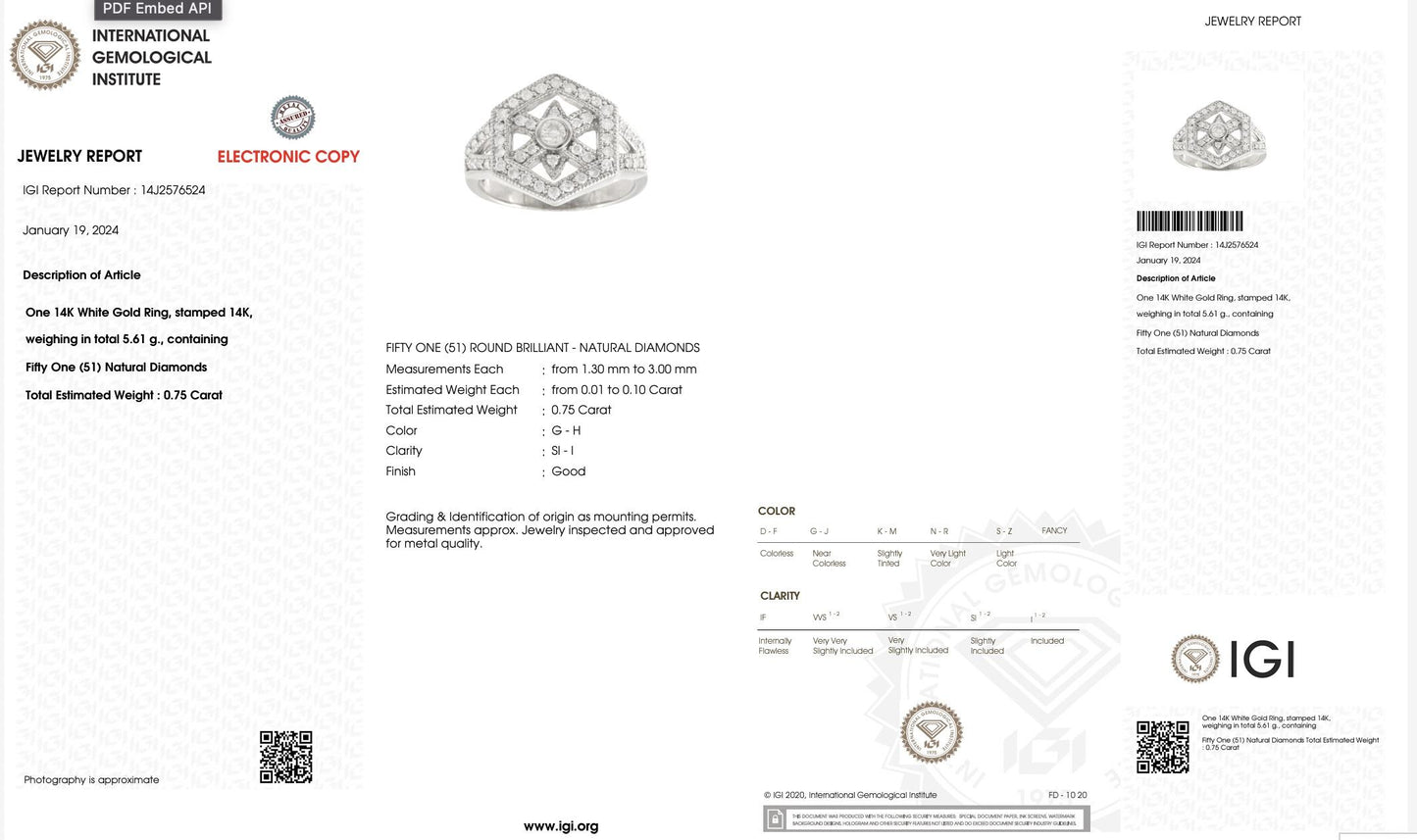 IGI Certified 14K White Gold Geometric Diamond Ring – 0.75 TCW, Size 8