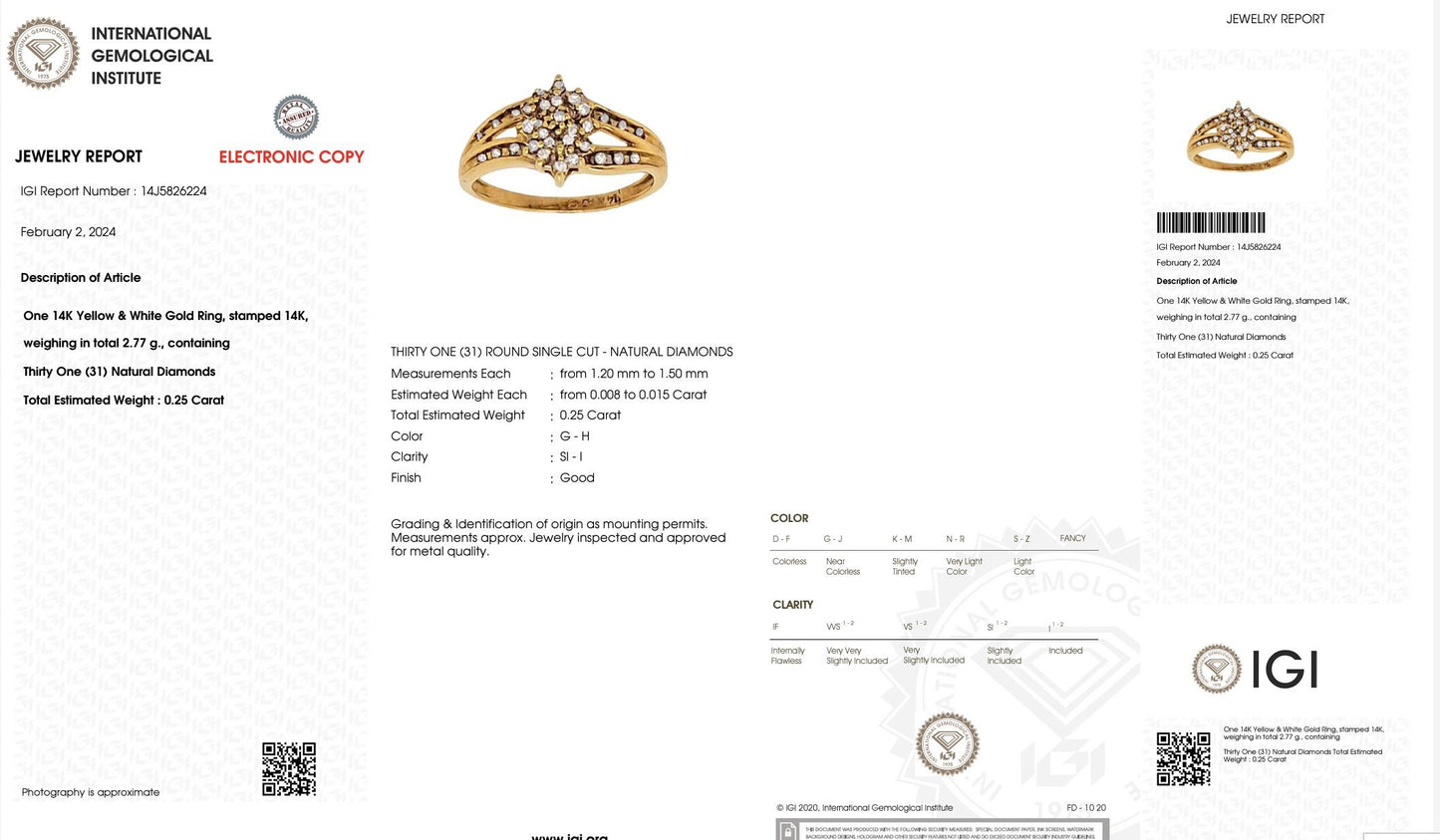 IGI Certified 14K Yellow & White Gold Diamond Cluster Ring – 0.25ct, Size 6.75