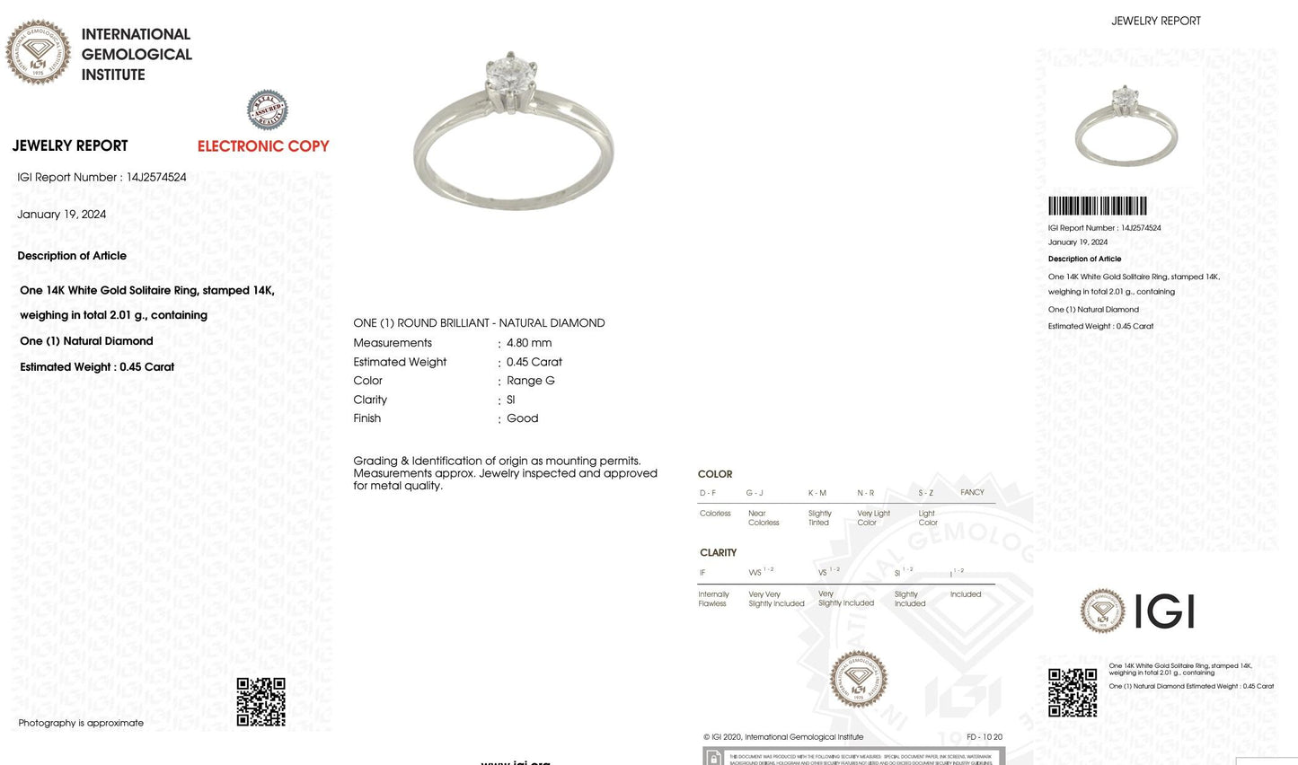 IGI Certified 14K White Gold Solitaire Diamond Ring – 0.45ct, Size 7.5