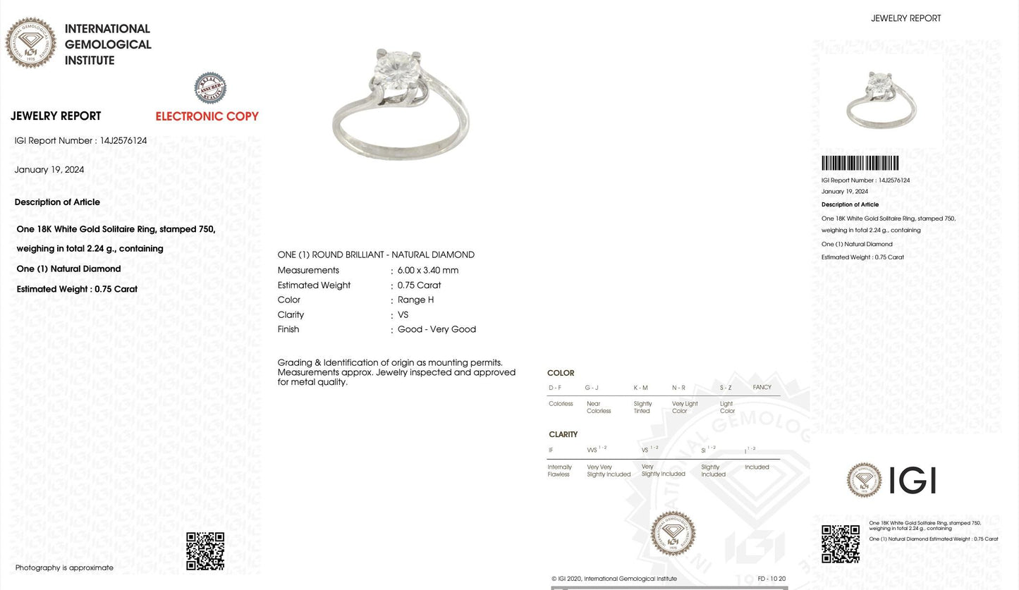 18K White Gold Solitaire Diamond Ring – 0.75 Carat, IGI Certified, Size 5
