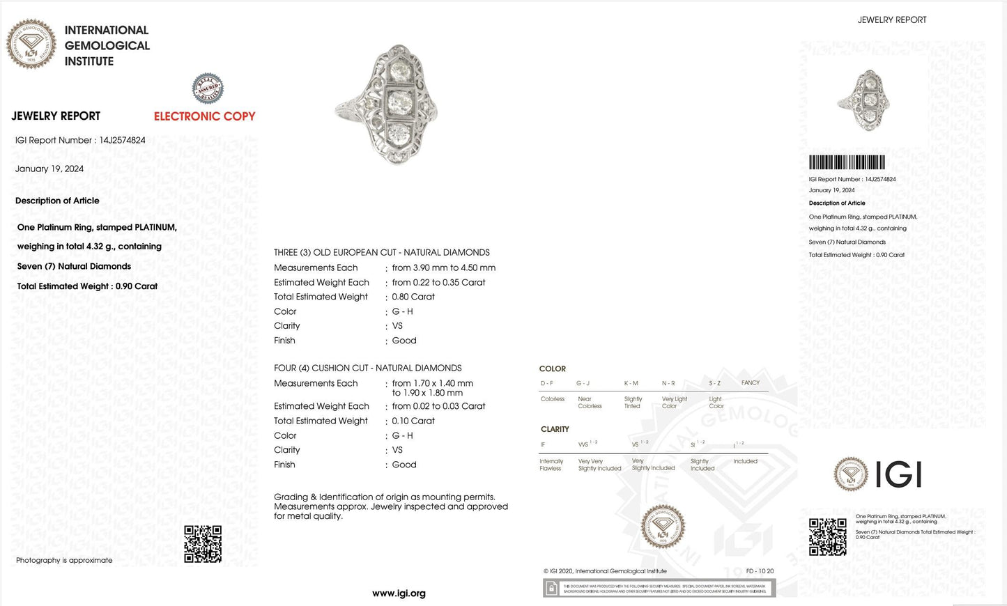 Platinum Art Deco Old Euro Diamond Ring – 0.90 TCW, IGI Certified, Size 6.25