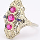 18K White Gold Ruby & Sapphire Ring Art Deco Period IGI Certified Ring Size 9.25