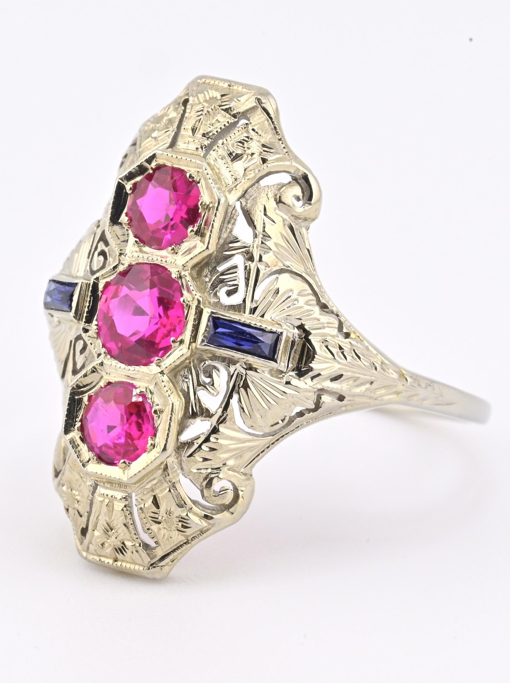 18K White Gold Ruby & Sapphire Ring Art Deco Period IGI Certified Ring Size 9.25