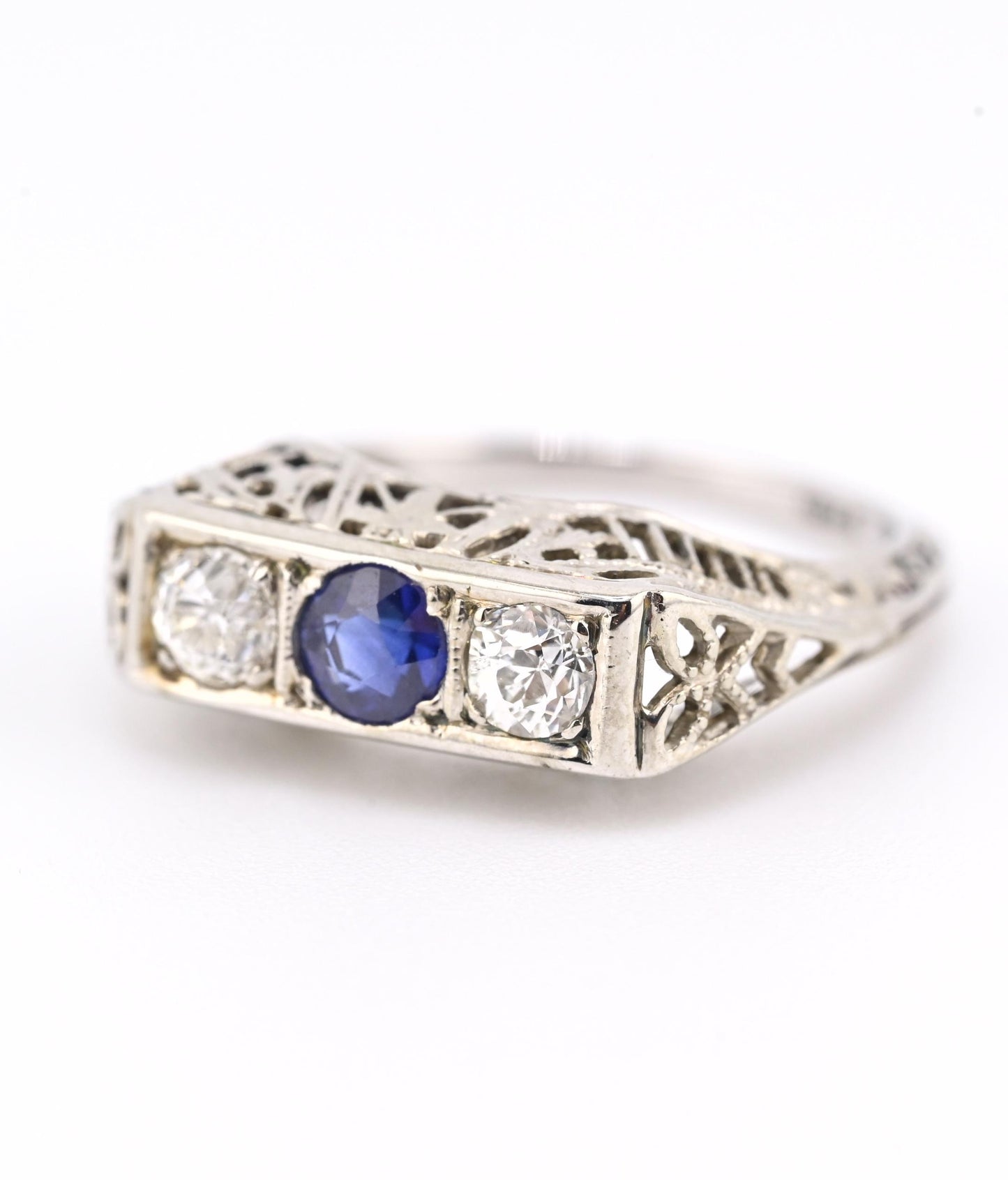 Art Deco 18K White Gold Ring Sapphire & 0.34ct Natural Diamonds Size 4.5