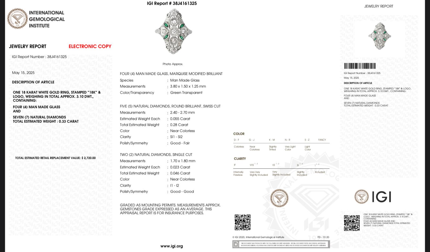 Art Deco 18K White Gold Diamond Ring – IGI Certified, 0.33ct Natural Diamonds