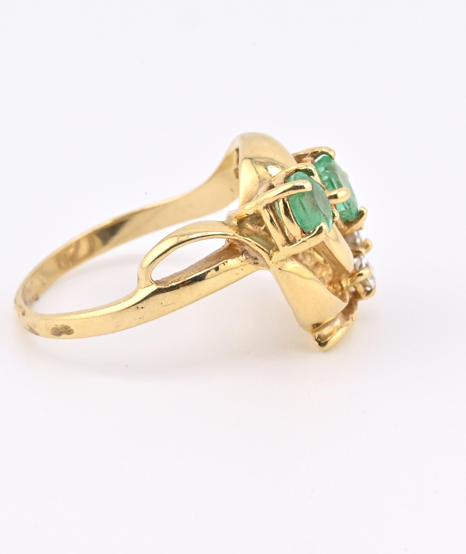 IGI Certified 14K Yellow Gold Ring with 0.70ct Natural Emeralds 0.25ct Diamonds