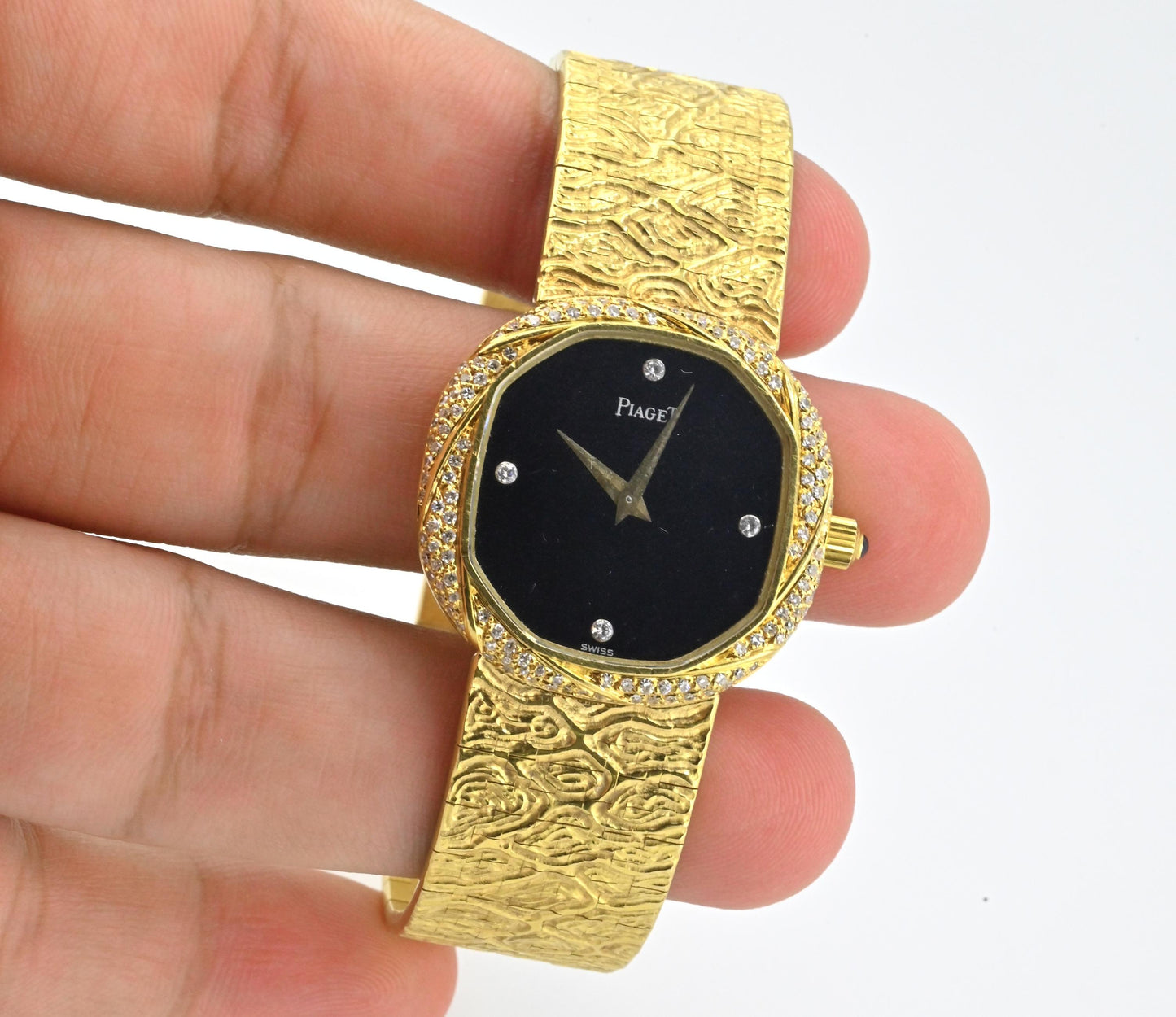 18K Yellow Gold Piaget Watch Diamond Bezel 73.14 Grams 18.1 CM Diamond Dial