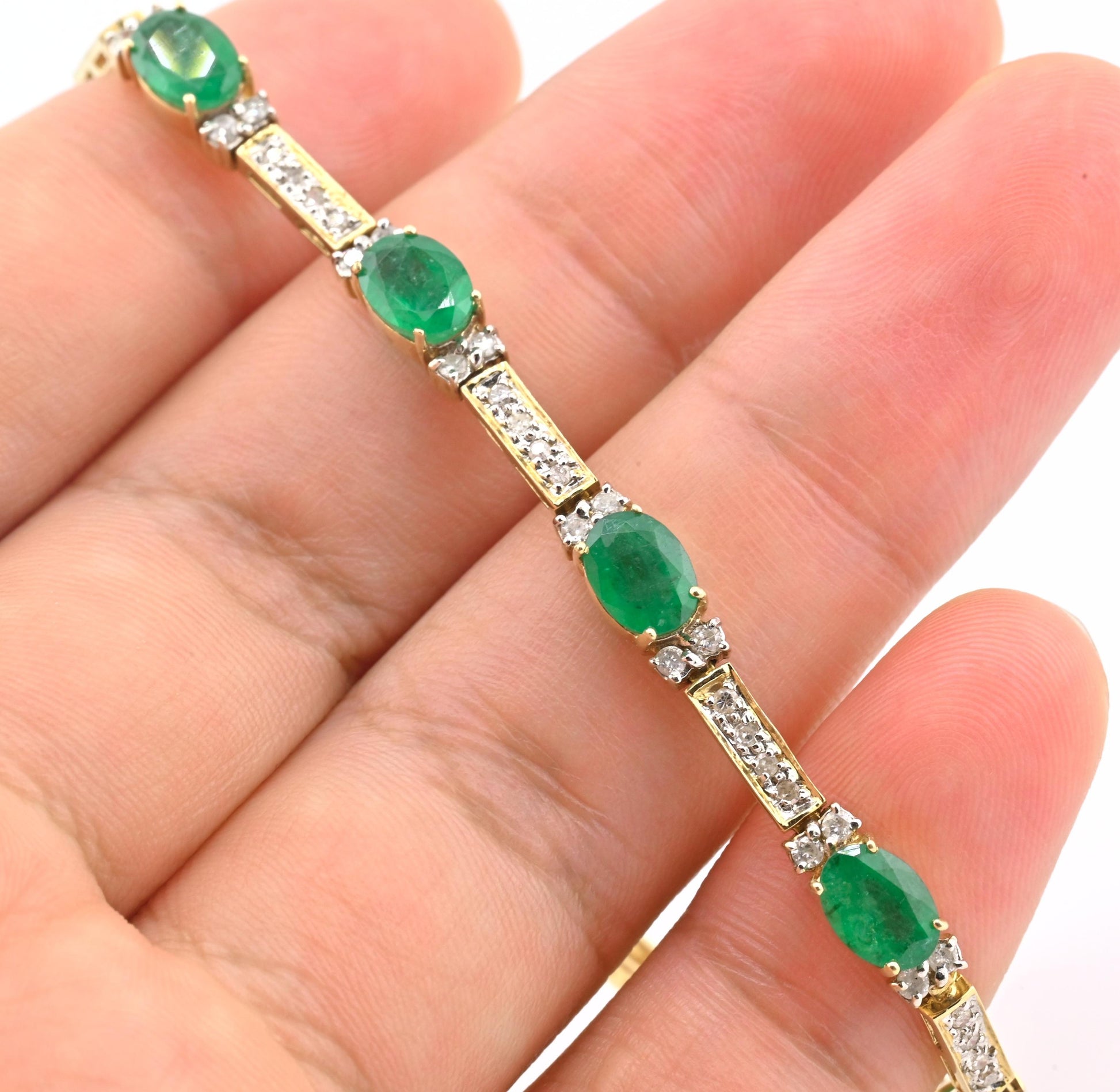 14K Yellow Gold Bracelet 6.03ct Emeralds & 0.93ct Diamond Accents 7 Inches