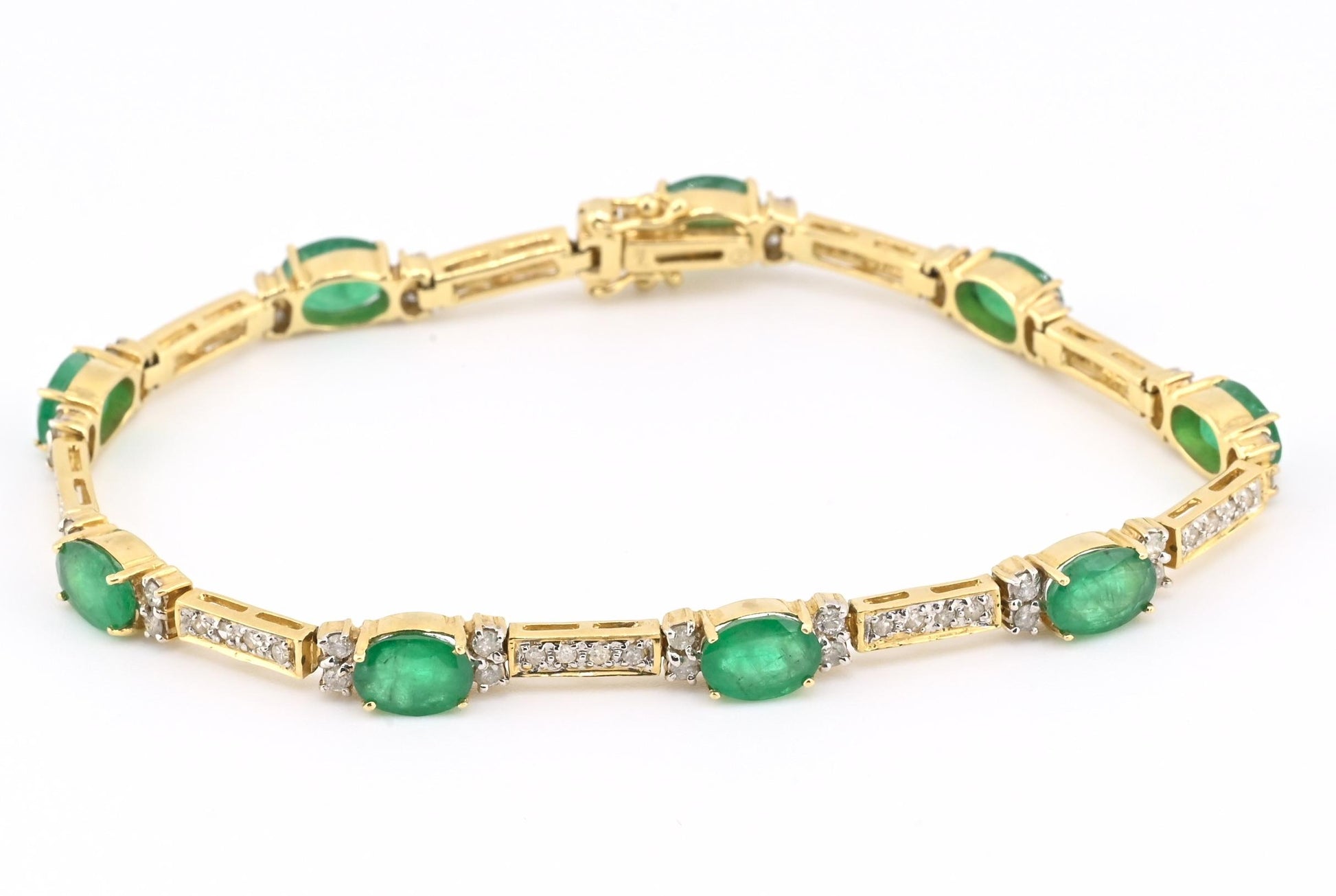 14K Yellow Gold Bracelet 6.03ct Emeralds & 0.93ct Diamond Accents 7 Inches