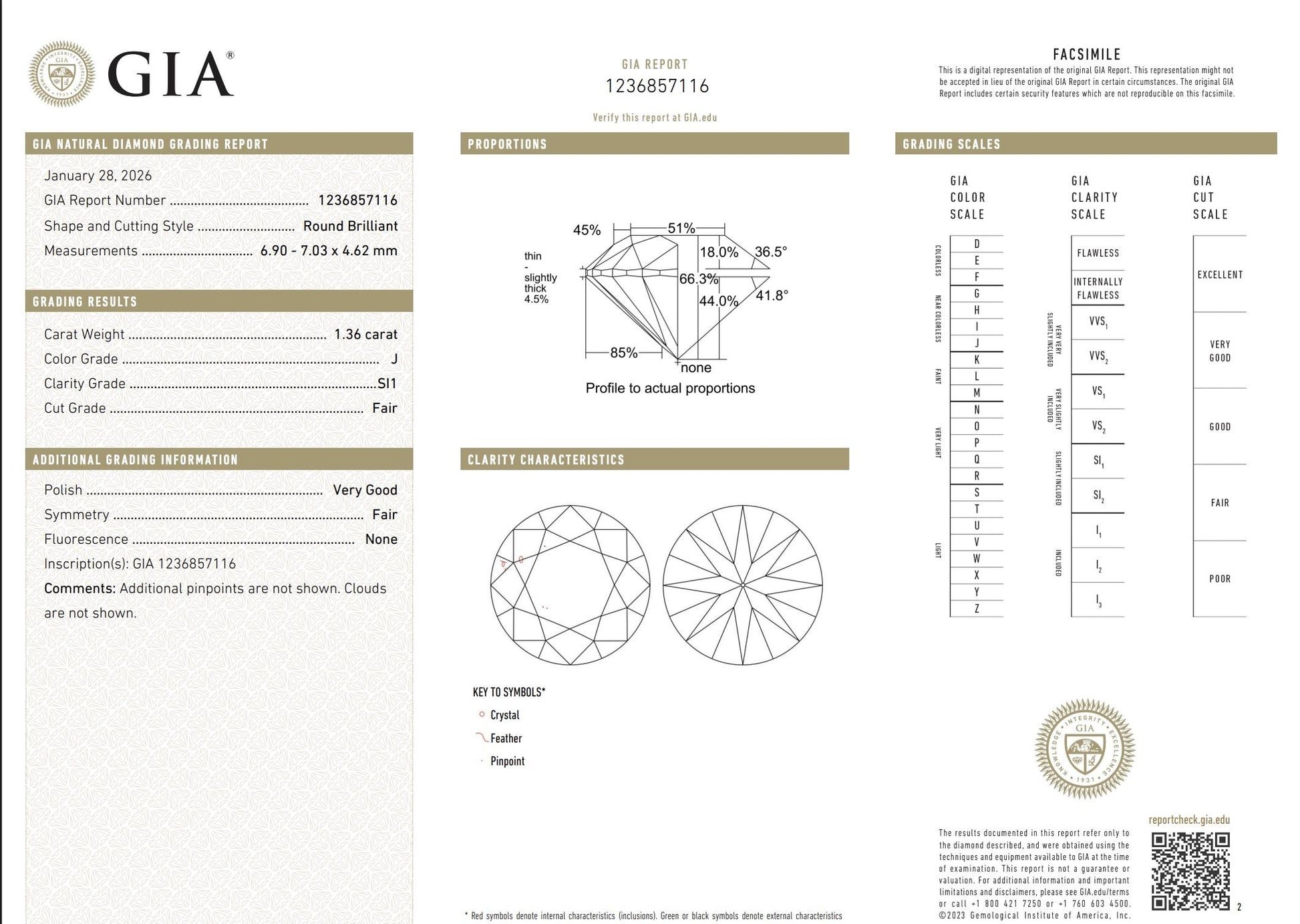 Loose Natural Diamond 1.36 Carat Round Brilliant J Color SI1 Clarity GIA Cert.
