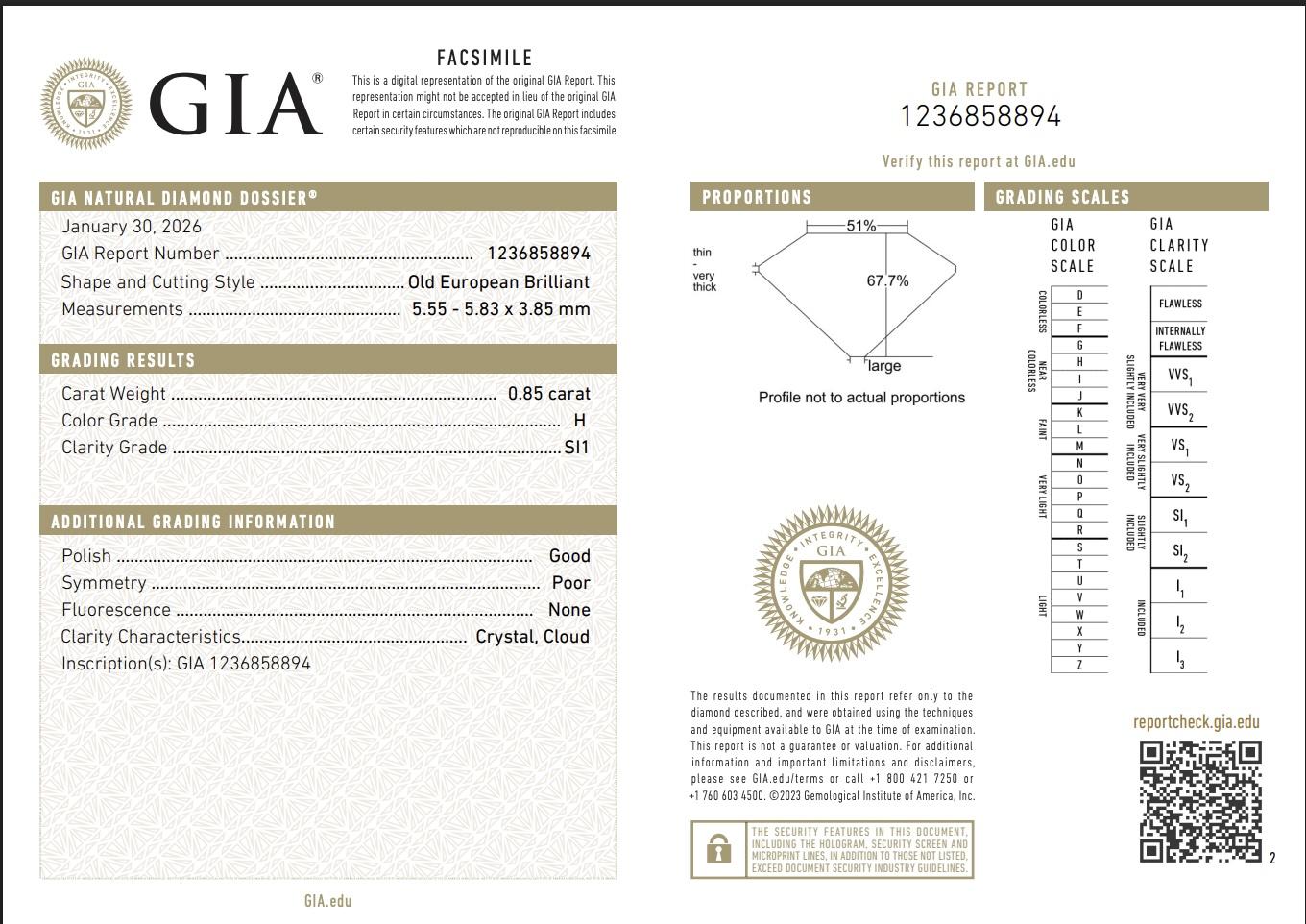 Loose Antique Diamond 0.85 Carat Old European Cut H Color SI1 Clarity GIA Cert.