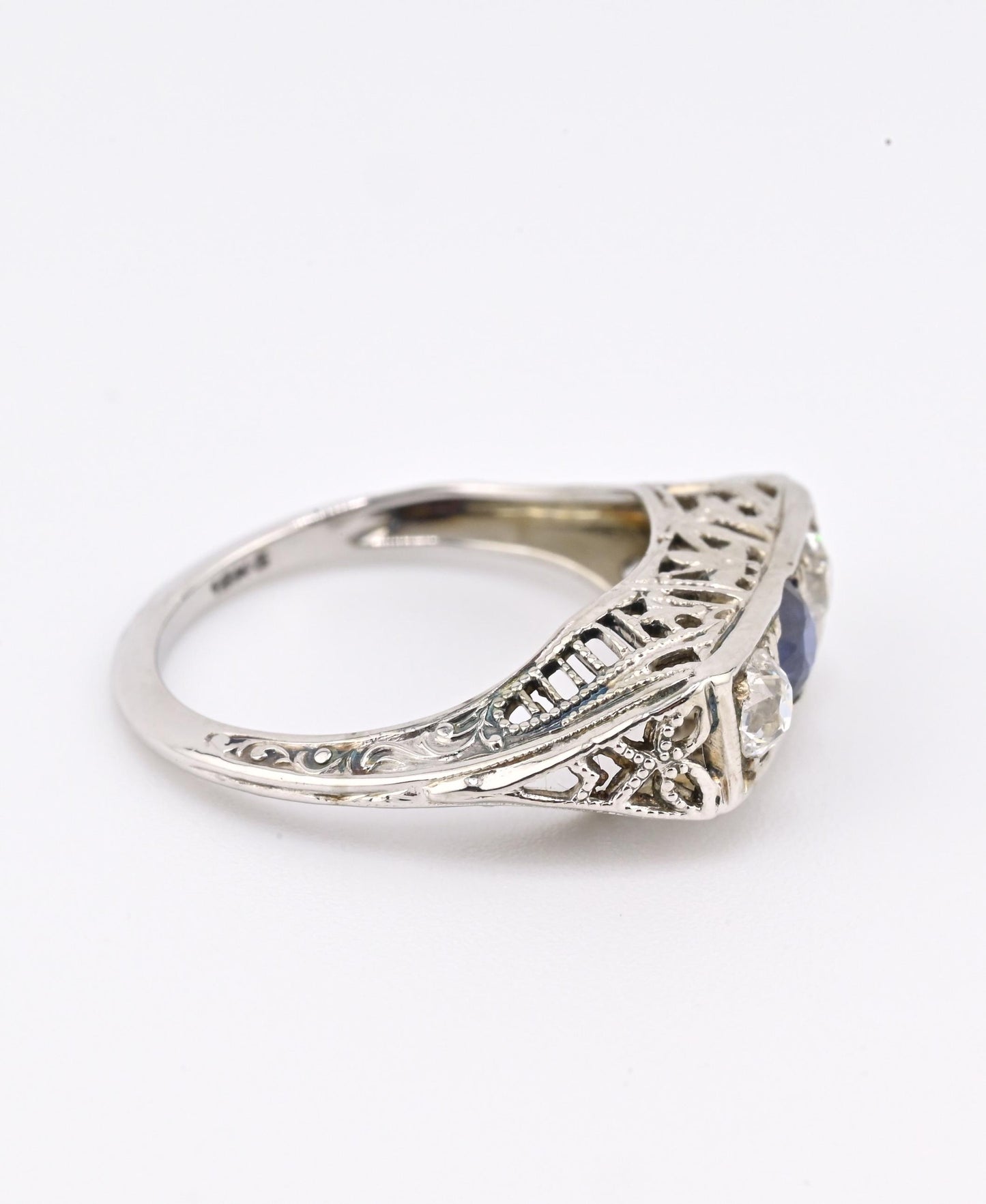 Art Deco 18K White Gold Ring Sapphire & 0.34ct Natural Diamonds Size 4.5
