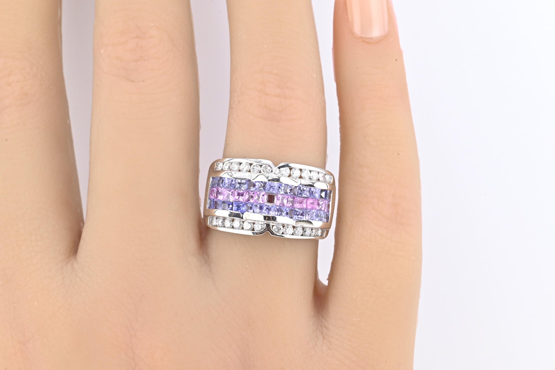 IGI Certified 14K White Gold Multi-Color Gemstone & Diamond Ring Size 8