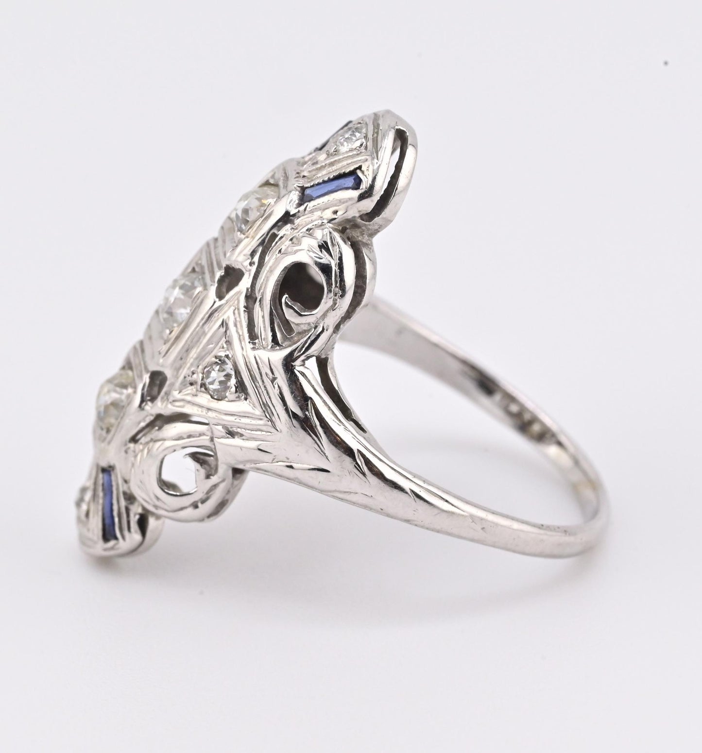 IGI Certified 18K White Gold Art Deco Diamond & Sapphire Ring Size 5.5