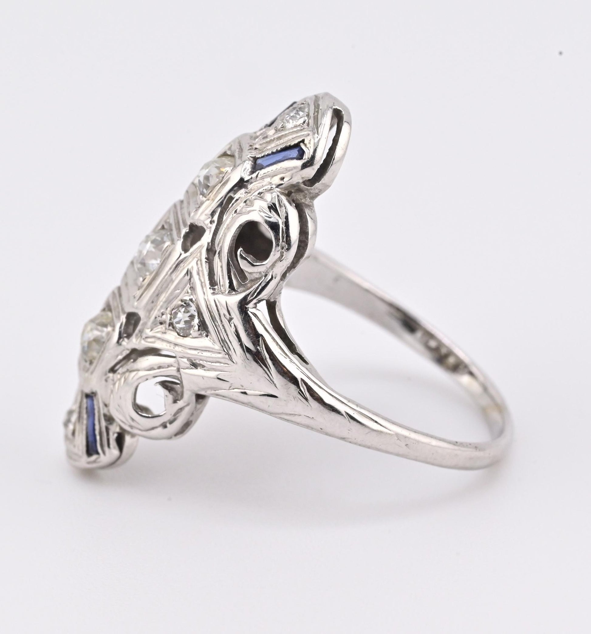 IGI Certified 18K White Gold Art Deco Diamond & Sapphire Ring Size 5.5