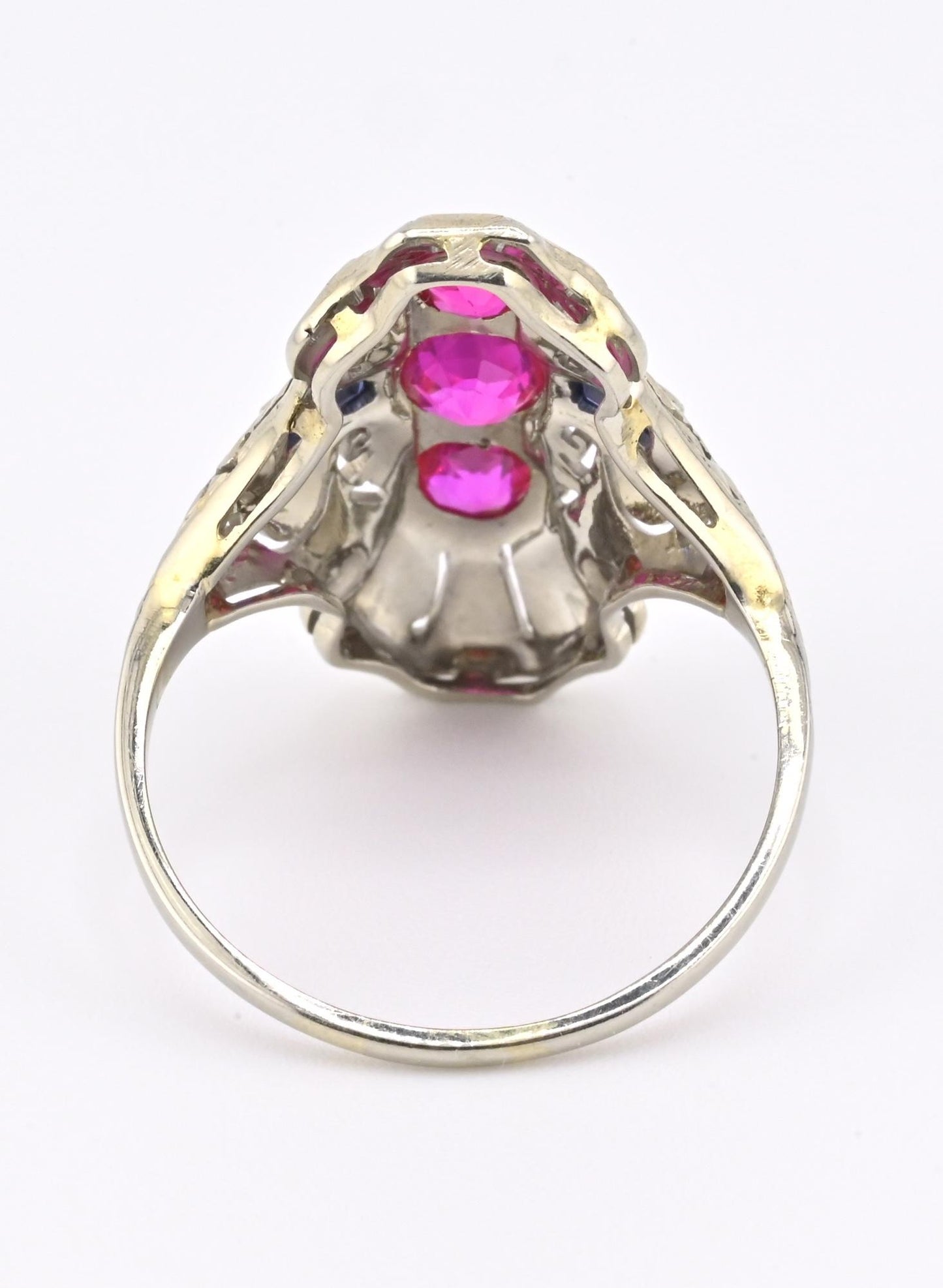 18K White Gold Ruby & Sapphire Ring Art Deco Period IGI Certified Ring Size 9.25