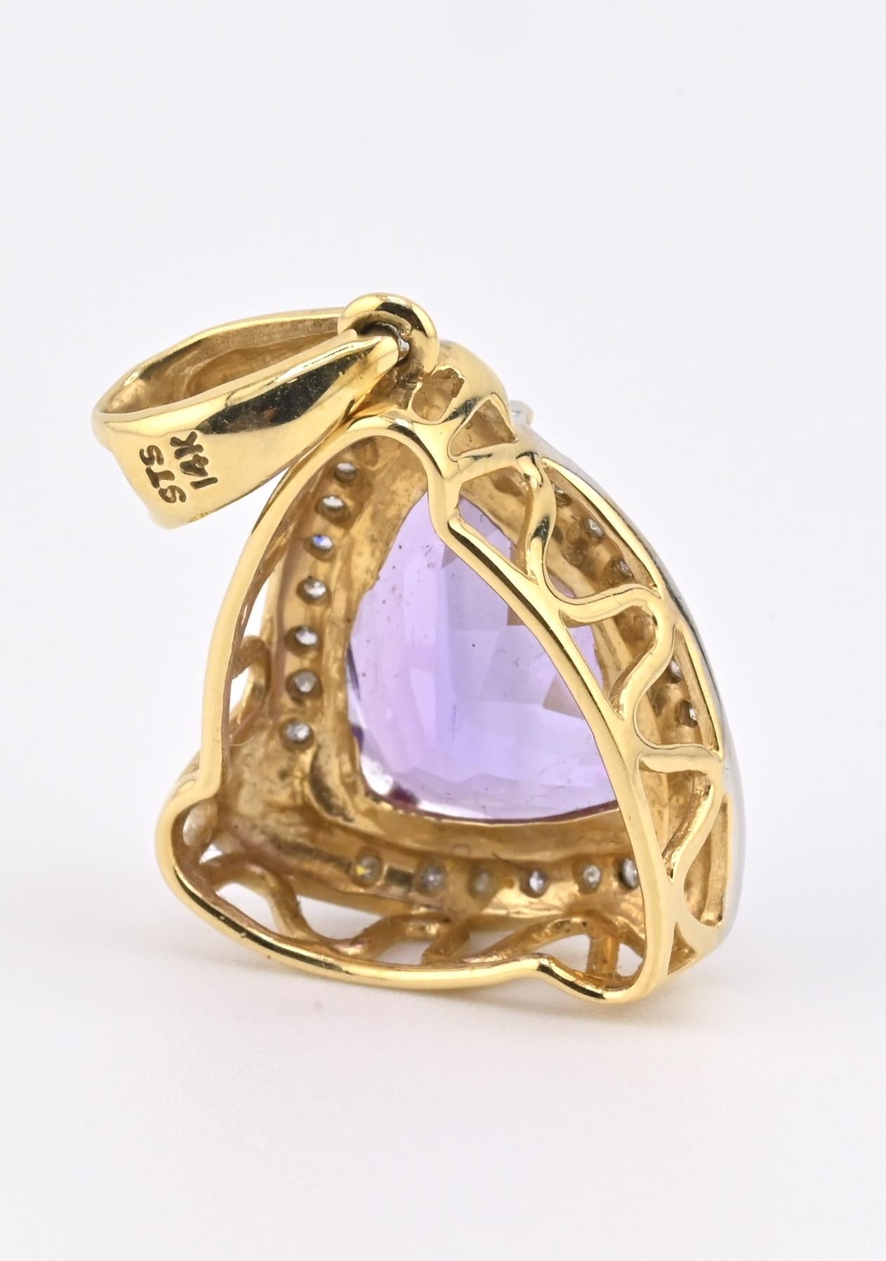 IGI Certified 14K White  Yellow Gold Pendant 5.25ct Amethyst  0.15ct Diamond