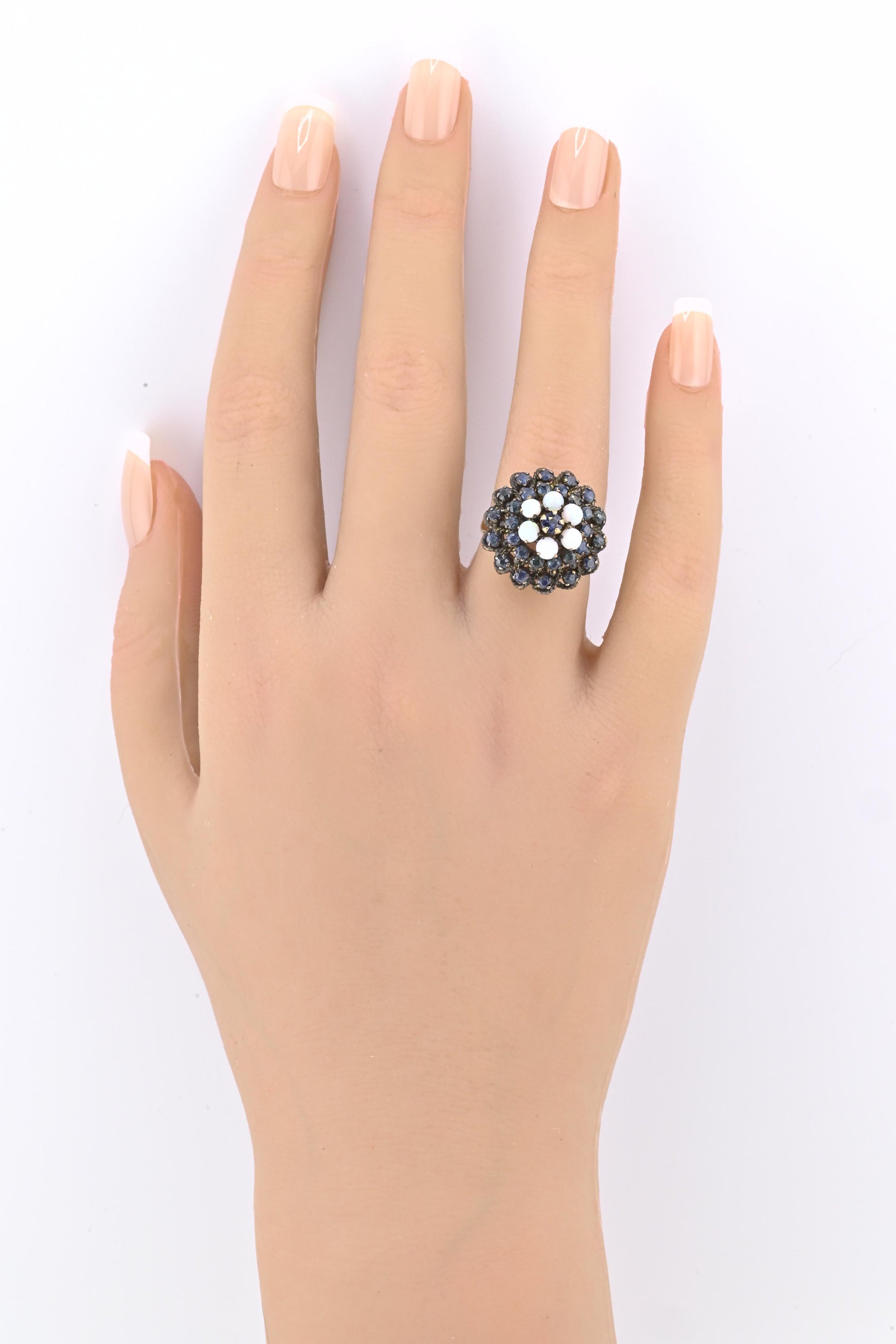 Antique 10K Yellow Gold Ring 1.91ct Natural Sapphires & 0.60ct Opals Size 6.25