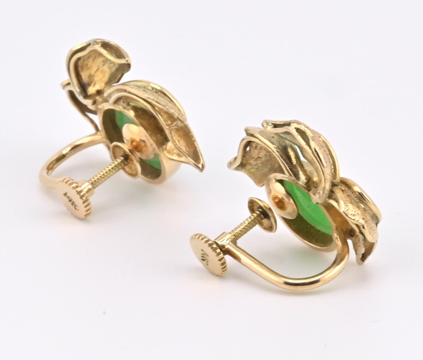 IGI Certified 14K Yellow Gold Jadeite Floral Earrings | 7.00ct Green Jade