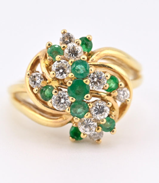IGI Certified 14K Yellow Gold Emerald & Diamond Cluster Ring Size 4.75