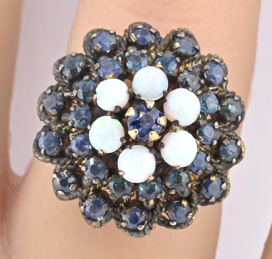 Antique 10K Yellow Gold Ring 1.91ct Natural Sapphires & 0.60ct Opals Size 6.25