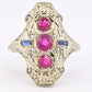 18K White Gold Ruby & Sapphire Ring Art Deco Period IGI Certified Ring Size 9.25