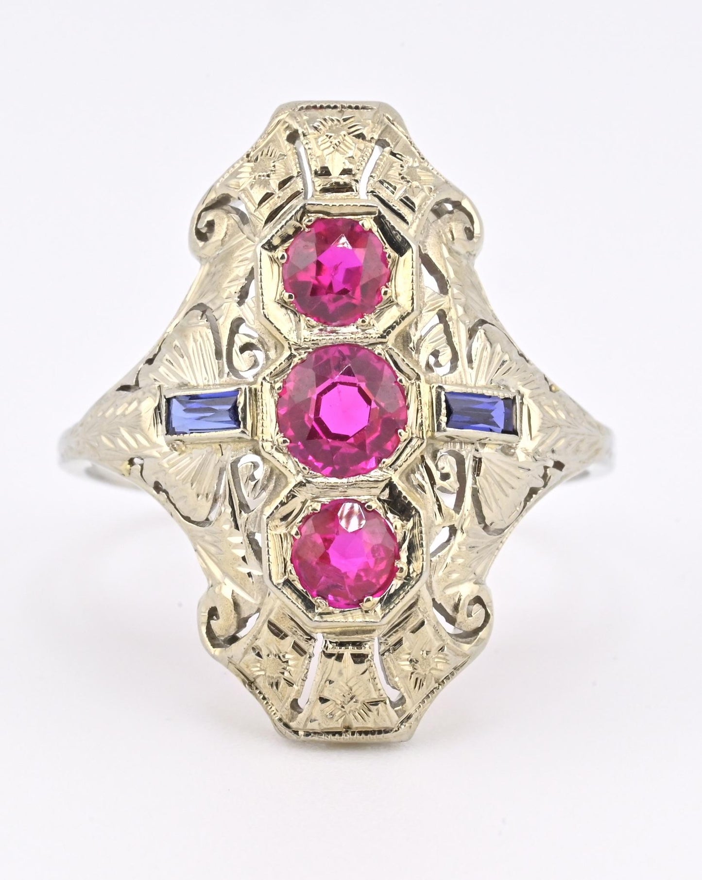 18K White Gold Ruby & Sapphire Ring Art Deco Period IGI Certified Ring Size 9.25