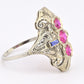 18K White Gold Ruby & Sapphire Ring Art Deco Period IGI Certified Ring Size 9.25