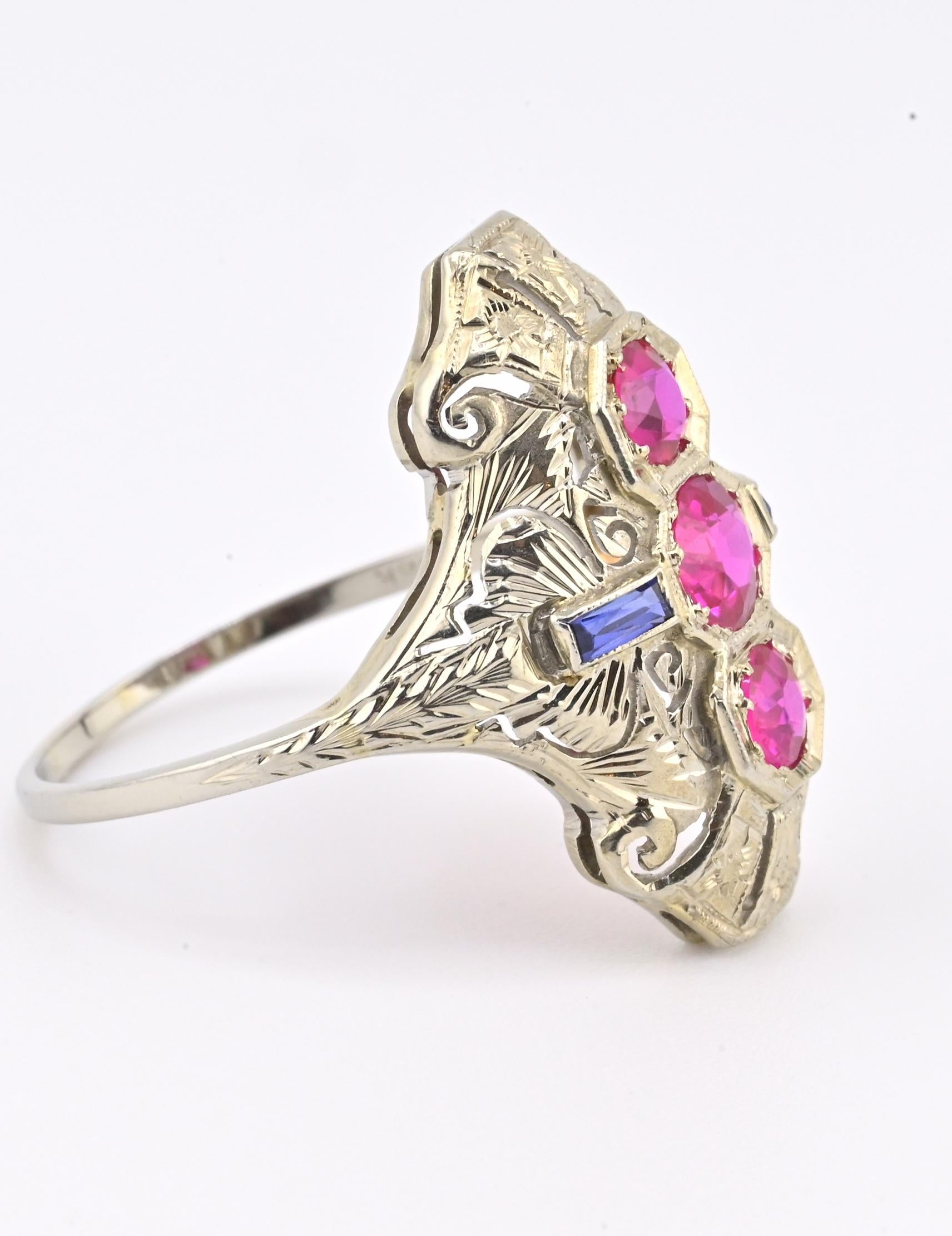 18K White Gold Ruby & Sapphire Ring Art Deco Period IGI Certified Ring Size 9.25