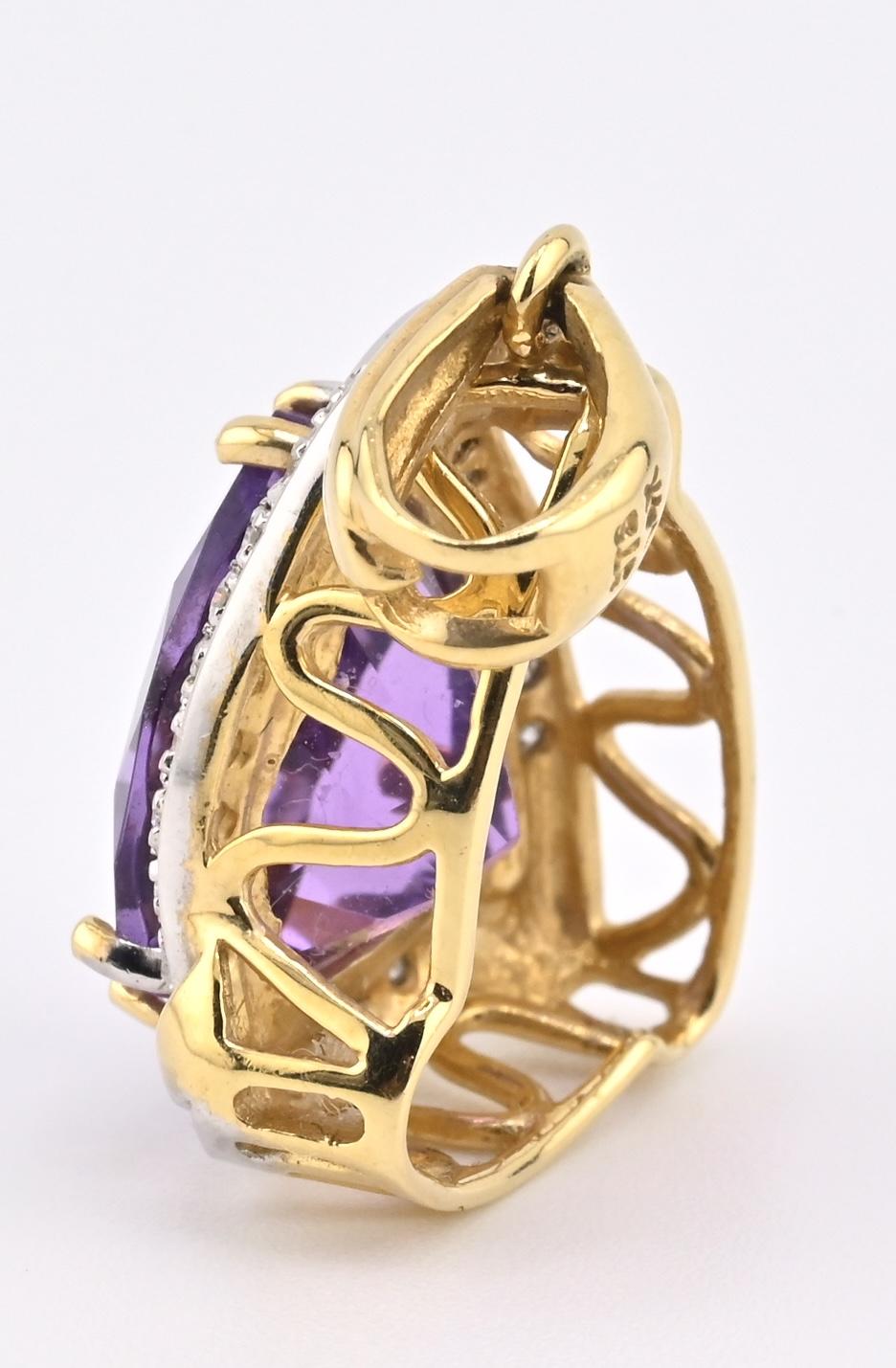 IGI Certified 14K White  Yellow Gold Pendant 5.25ct Amethyst  0.15ct Diamond