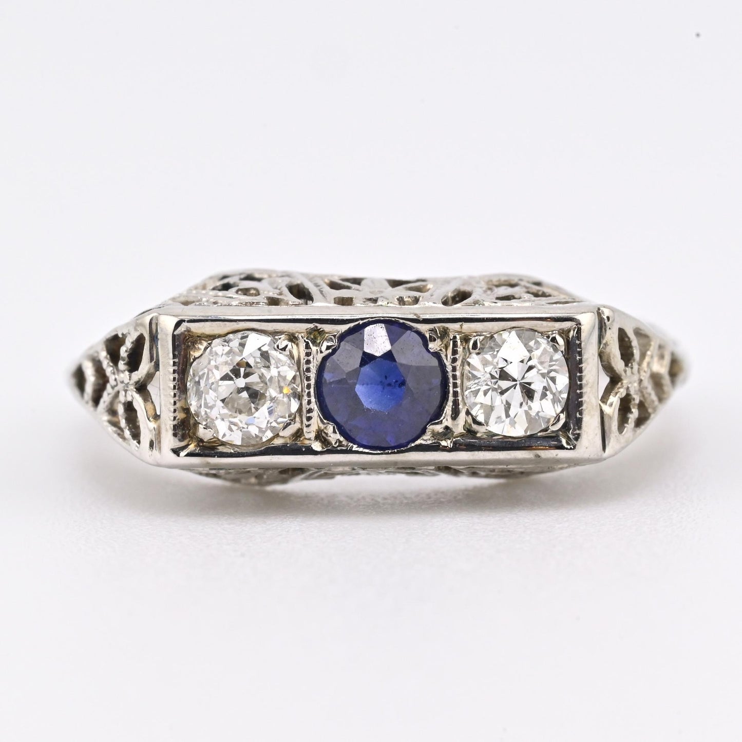 Art Deco 18K White Gold Ring Sapphire & 0.34ct Natural Diamonds Size 4.5