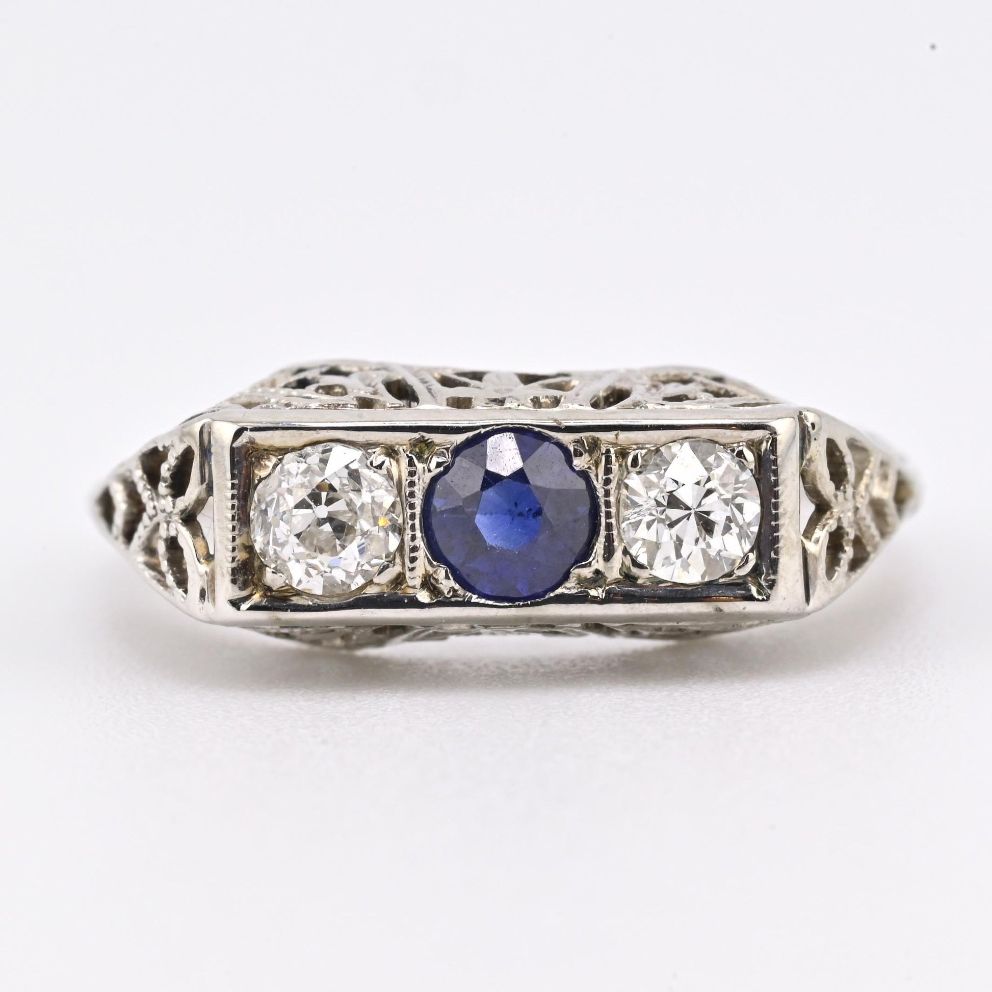 Art Deco 18K White Gold Ring Sapphire & 0.34ct Natural Diamonds Size 4.5