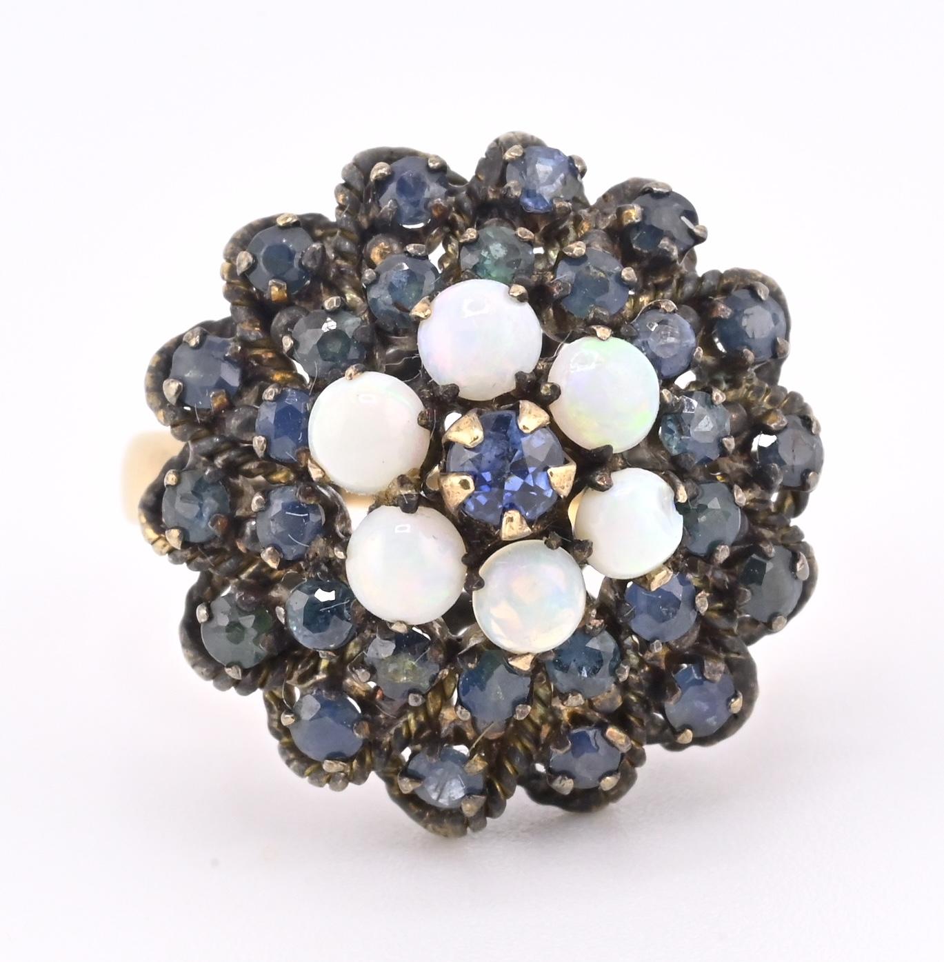 Antique 10K Yellow Gold Ring 1.91ct Natural Sapphires & 0.60ct Opals Size 6.25