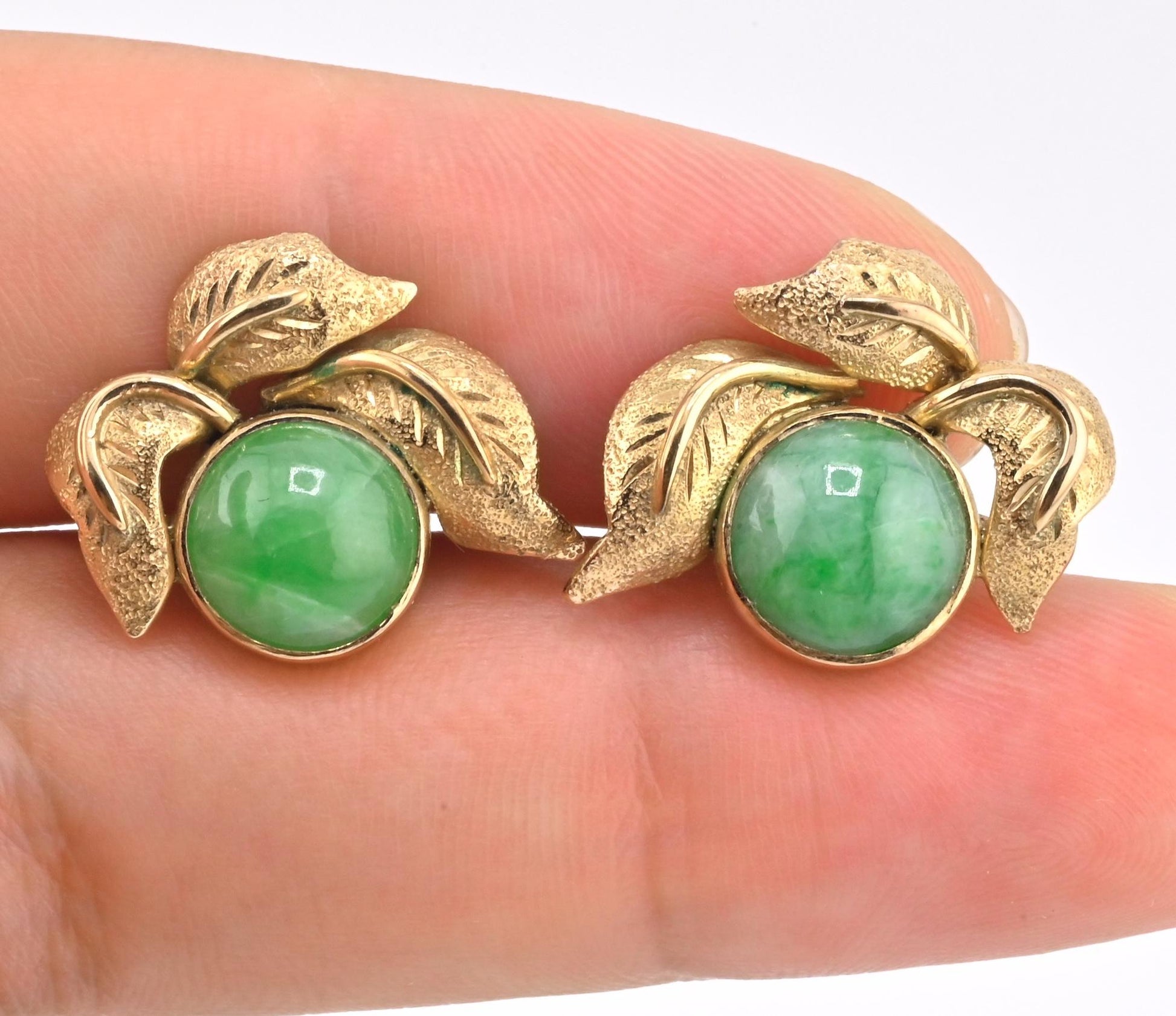 IGI Certified 14K Yellow Gold Jadeite Floral Earrings | 7.00ct Green Jade