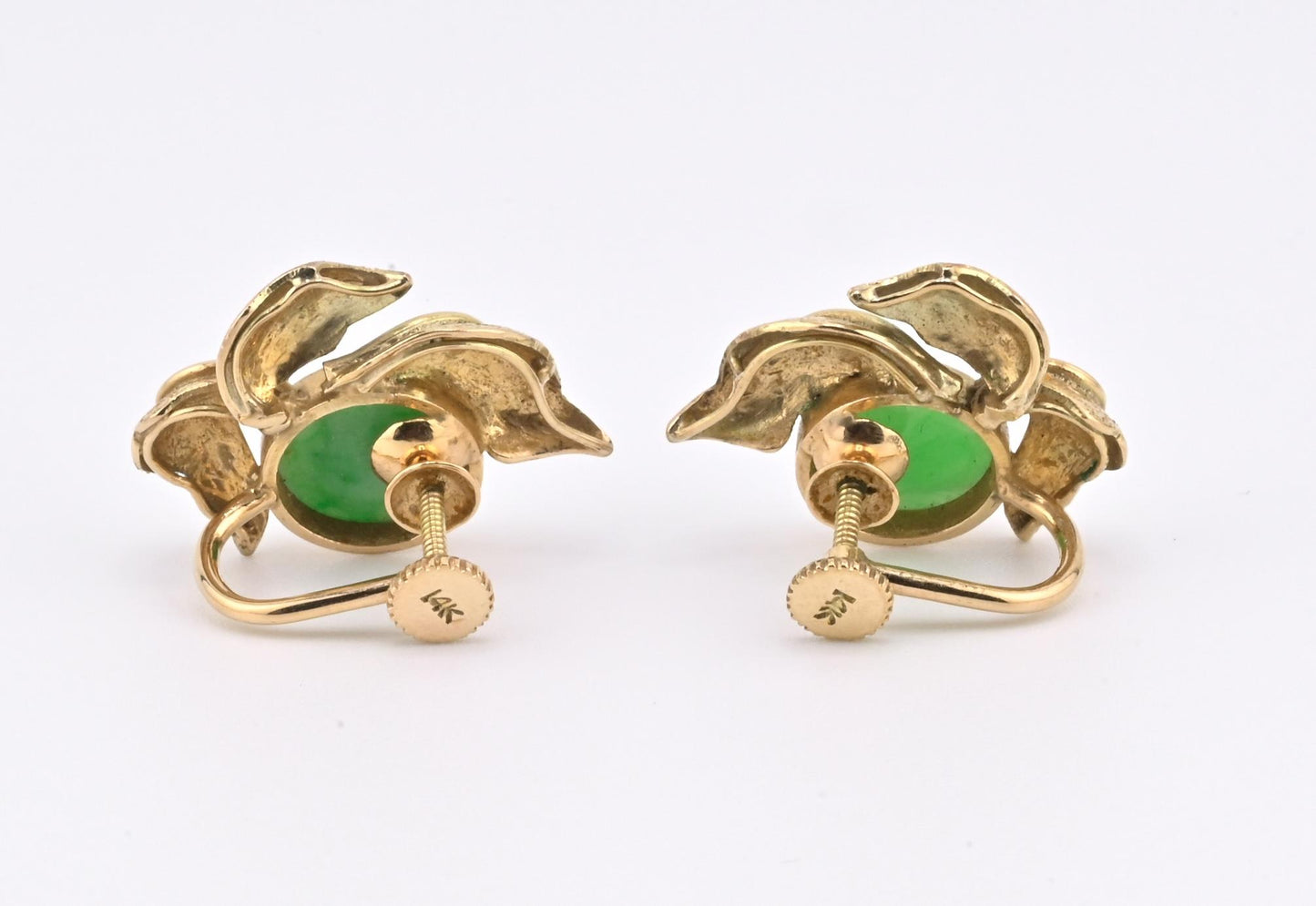 IGI Certified 14K Yellow Gold Jadeite Floral Earrings | 7.00ct Green Jade