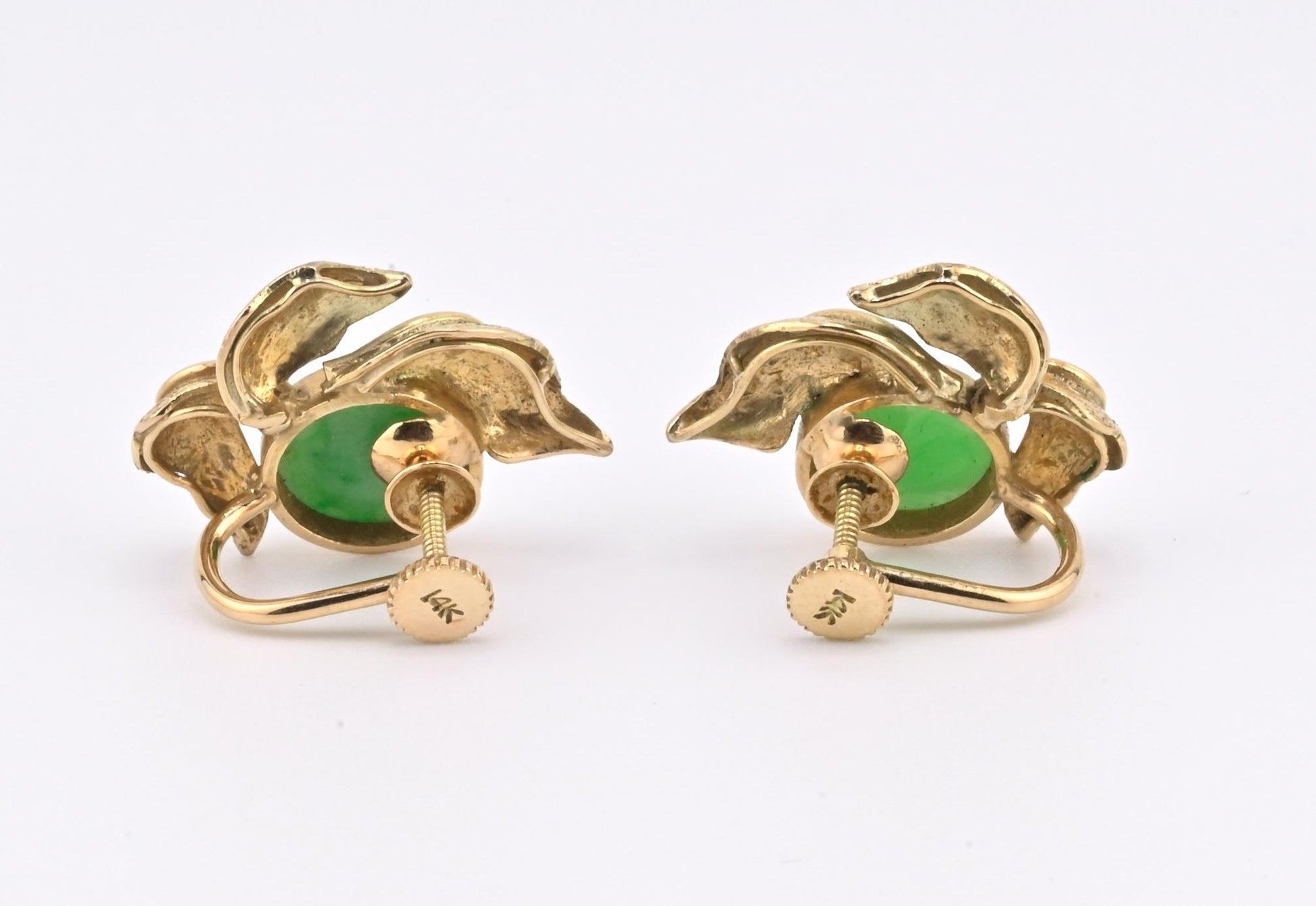 IGI Certified 14K Yellow Gold Jadeite Floral Earrings | 7.00ct Green Jade
