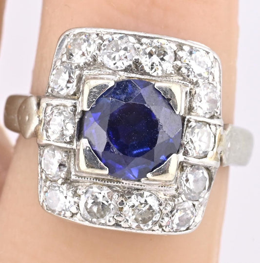 Art Deco 14K White Gold Diamond & Sapphire Ring Size 5 IGI Certified