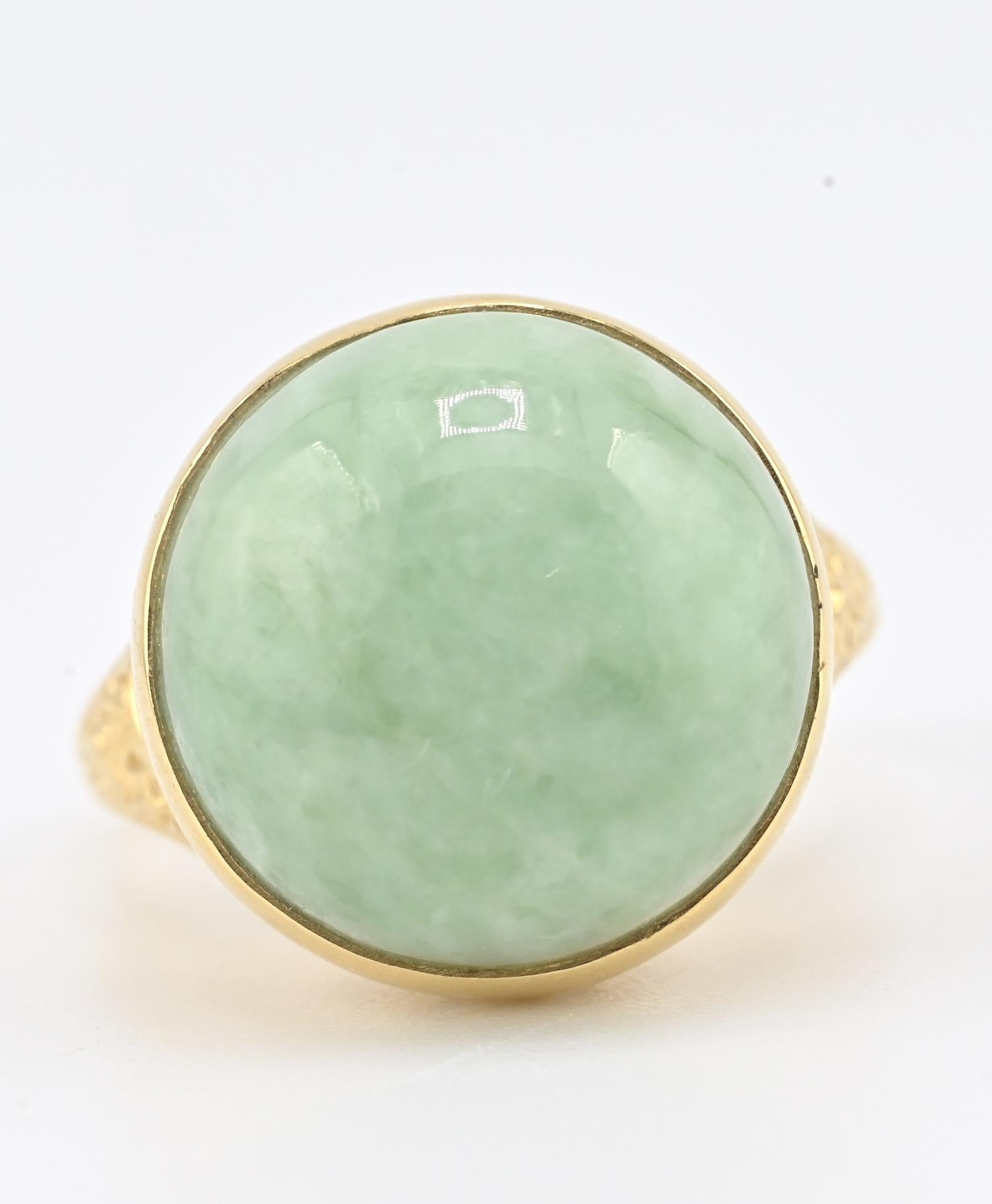 Natural Green Jade Cabochon Ring in 14K Yellow Gold (Round, 12.90ct) IGI Cert.