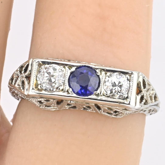 Art Deco 18K White Gold Ring Sapphire & 0.34ct Natural Diamonds Size 4.5