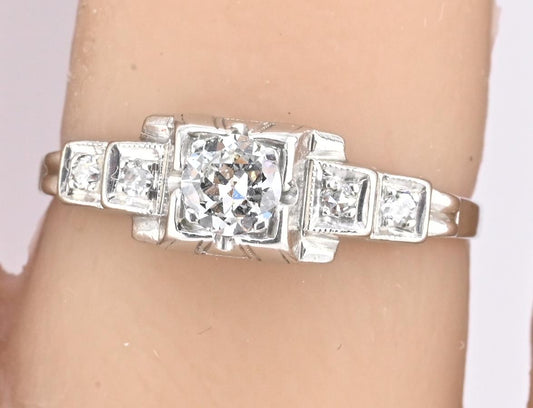 IGI Certified Platinum Art Deco Ring 0.30ct Natural Diamonds Size 5.75