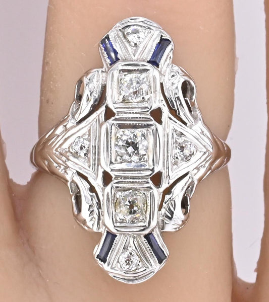 IGI Certified 18K White Gold Art Deco Diamond & Sapphire Ring Size 5.5