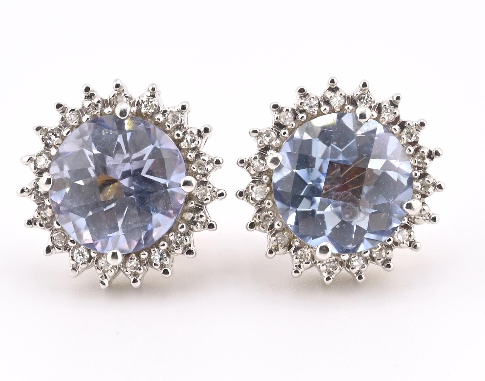 Natural Blue Topaz Diamond Halo Earrings in 14K  White Gold IGI Certified