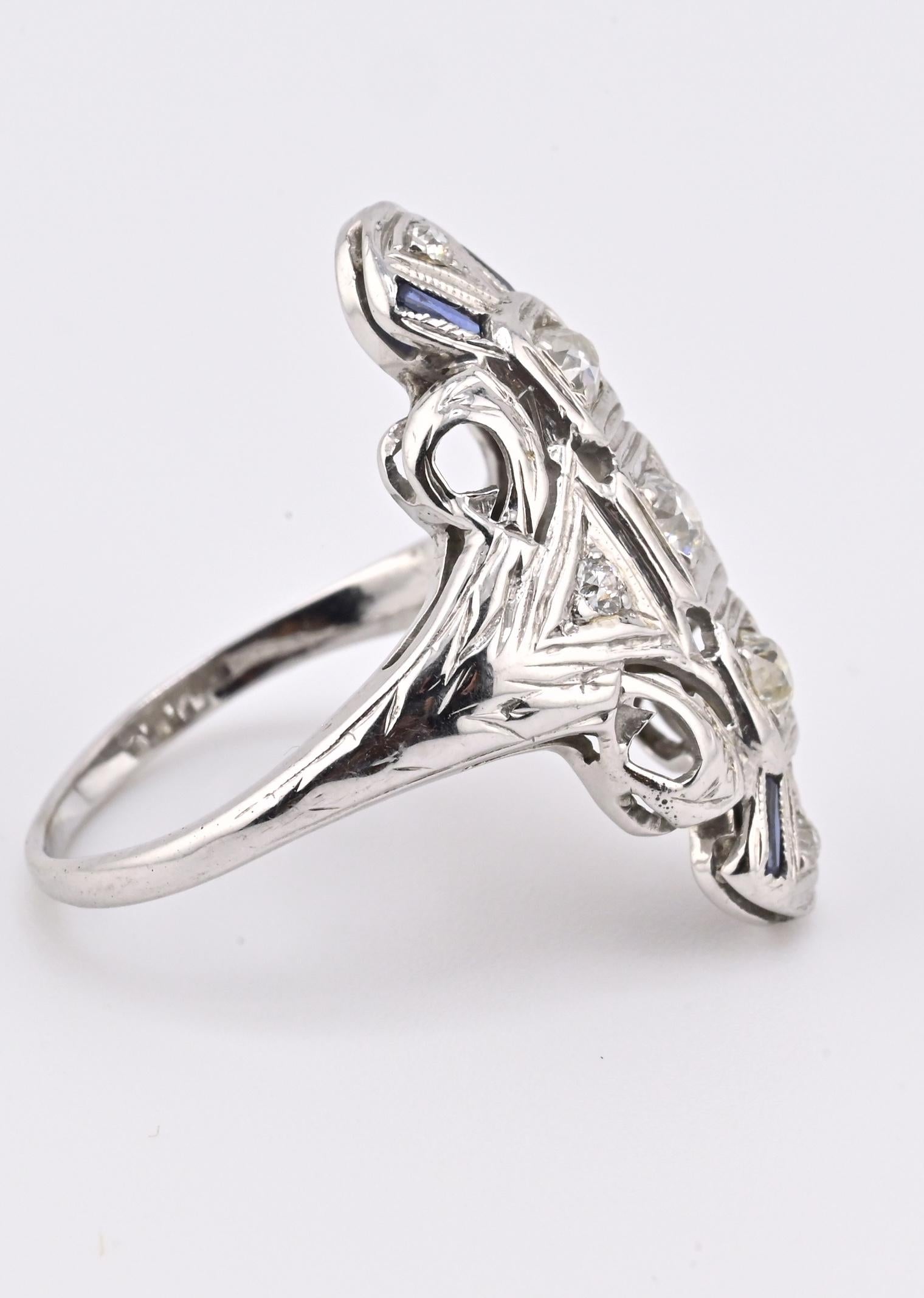 IGI Certified 18K White Gold Art Deco Diamond & Sapphire Ring Size 5.5