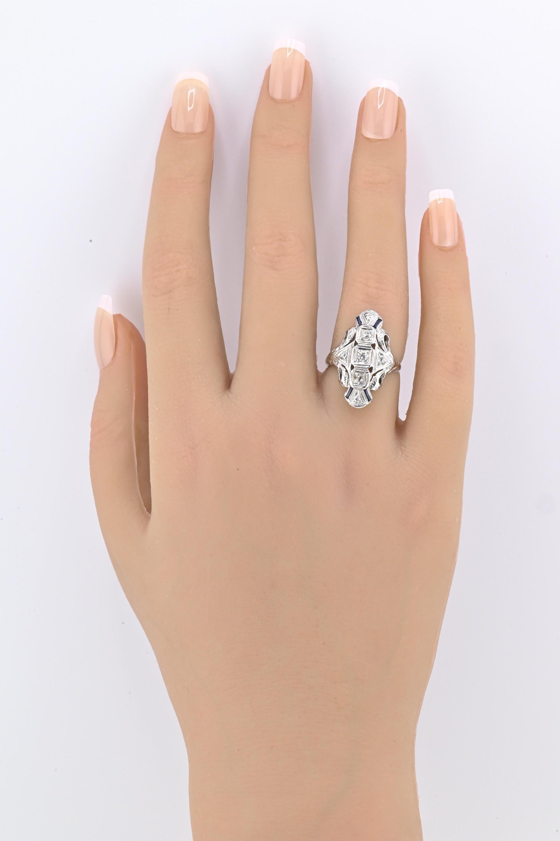 IGI Certified 18K White Gold Art Deco Diamond & Sapphire Ring Size 5.5